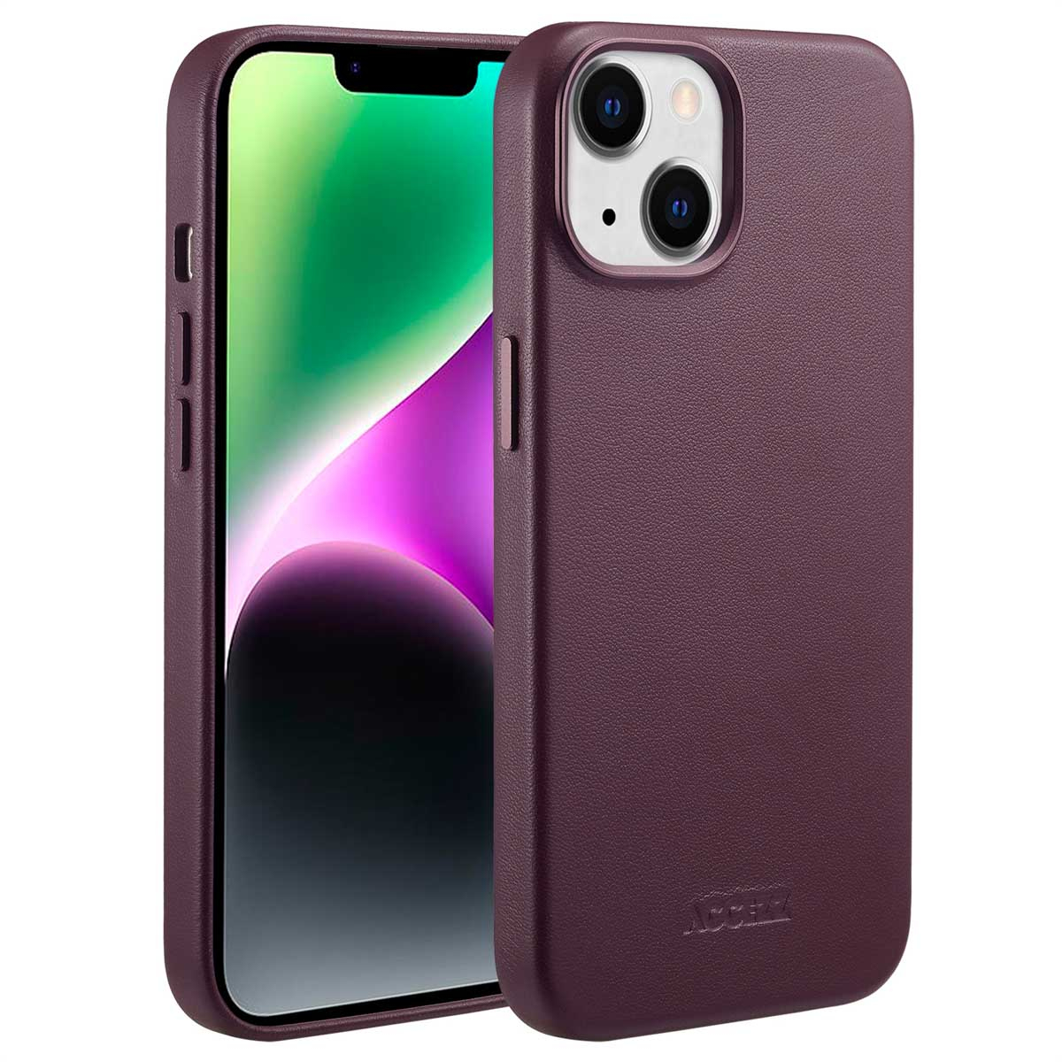 Een bordeauxrode telefoonhoes naast een telefoon met een groen scherm. De hoes heeft de merknaam ACCEZ.