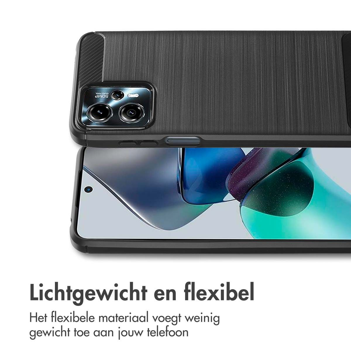 Un téléphone dans un étui noir est affiché. L'étui est en haut, et l'écran affiche un motif bleu et vert.