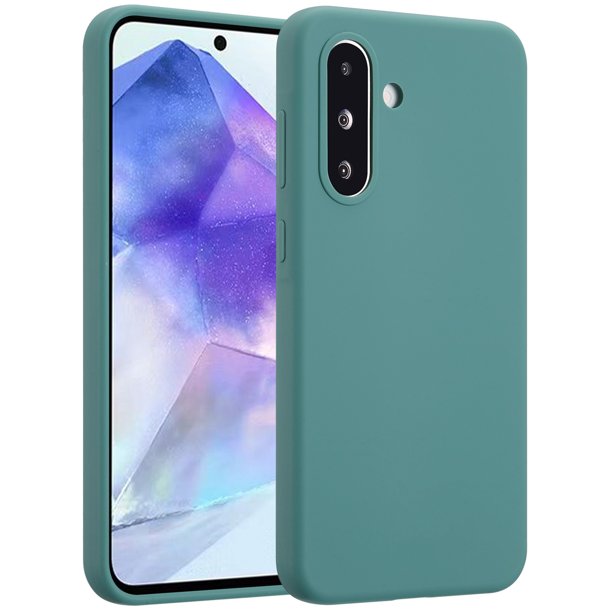 Een teal telefoonhoesje met een telefoon erin. De telefoon heeft een scherm met een blauw ontwerp. De hoes heeft cameragaten.