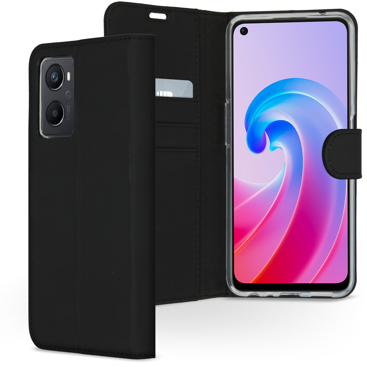 Custodia per telefono nera con smartphone all'interno. Il telefono ha uno sfondo astratto colorato. Una carta di credito è nella custodia.
