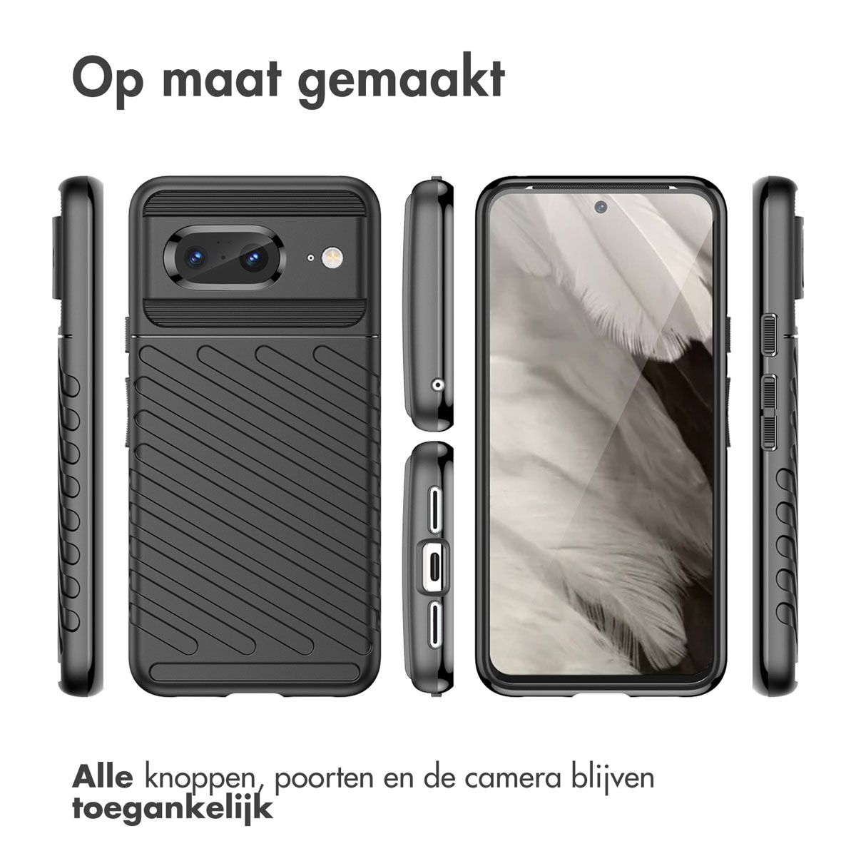 Coque de téléphone noire avec différentes vues. Elle protège tous les boutons, ports et l'appareil photo. Texte en haut : "Op maat gemaakt".