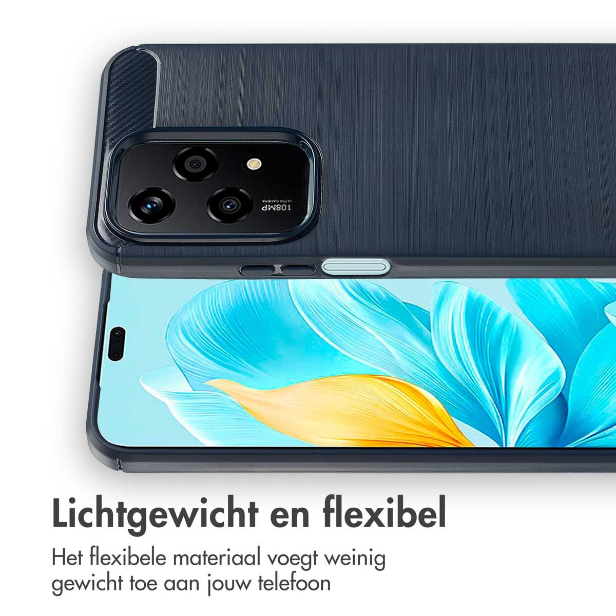Une coque de téléphone bleu foncé sur un téléphone. L'écran affiche un motif floral. Texte : 'Léger et flexible'.