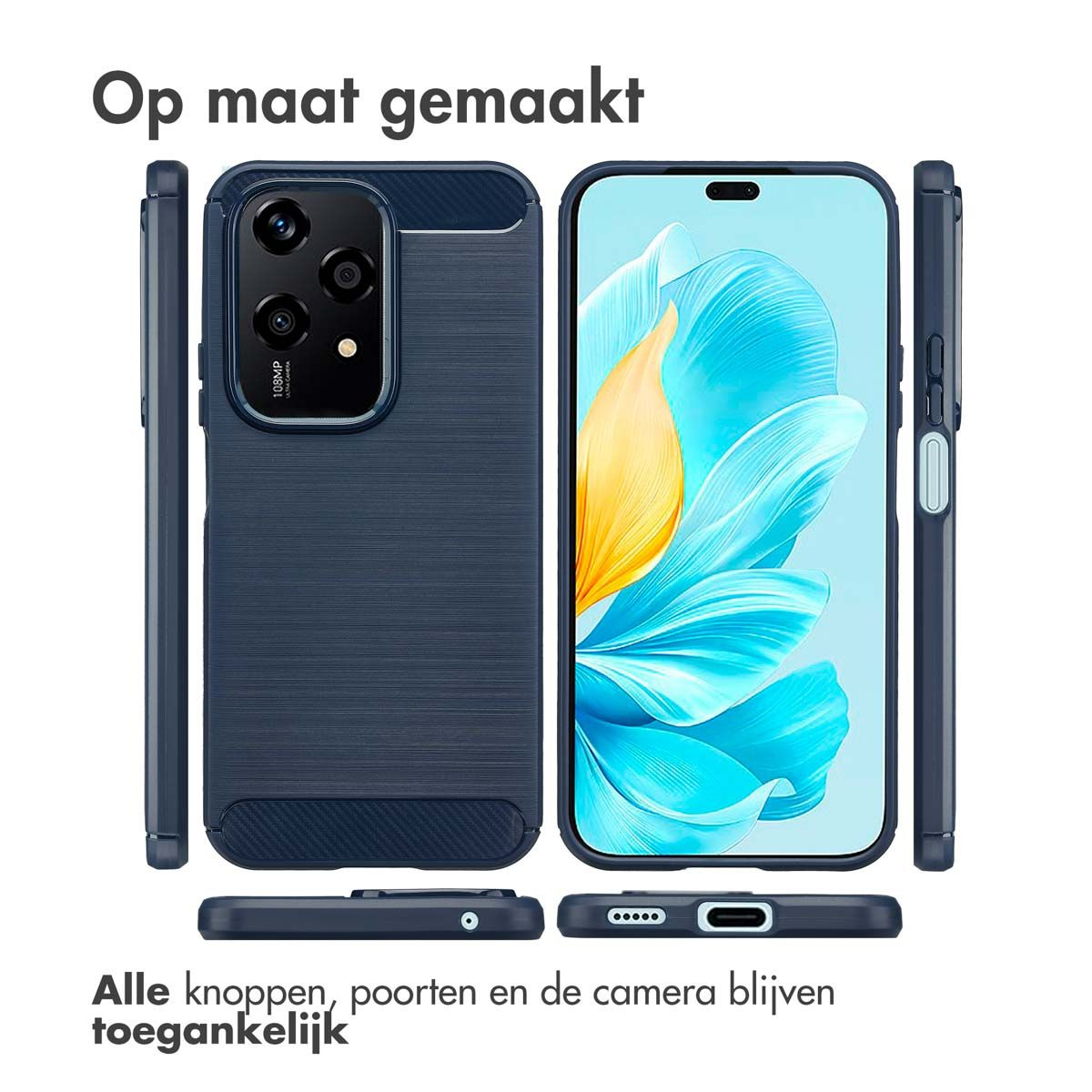 Une coque et un téléphone sont affichés. Le téléphone affiche un motif abstrait bleu et jaune. La coque est bleu foncé.