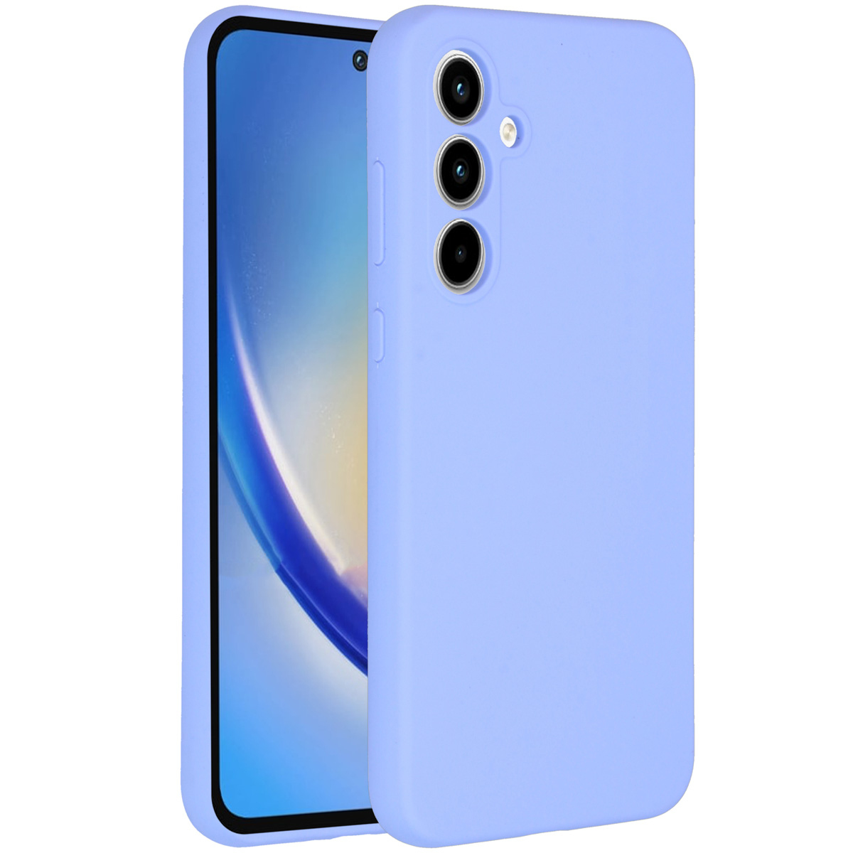 Eine hellviolette Handyhülle neben einem Smartphone. Die Hülle hat drei Kameralinsen. Der Telefonbildschirm zeigt ein blaues und weißes Design.
