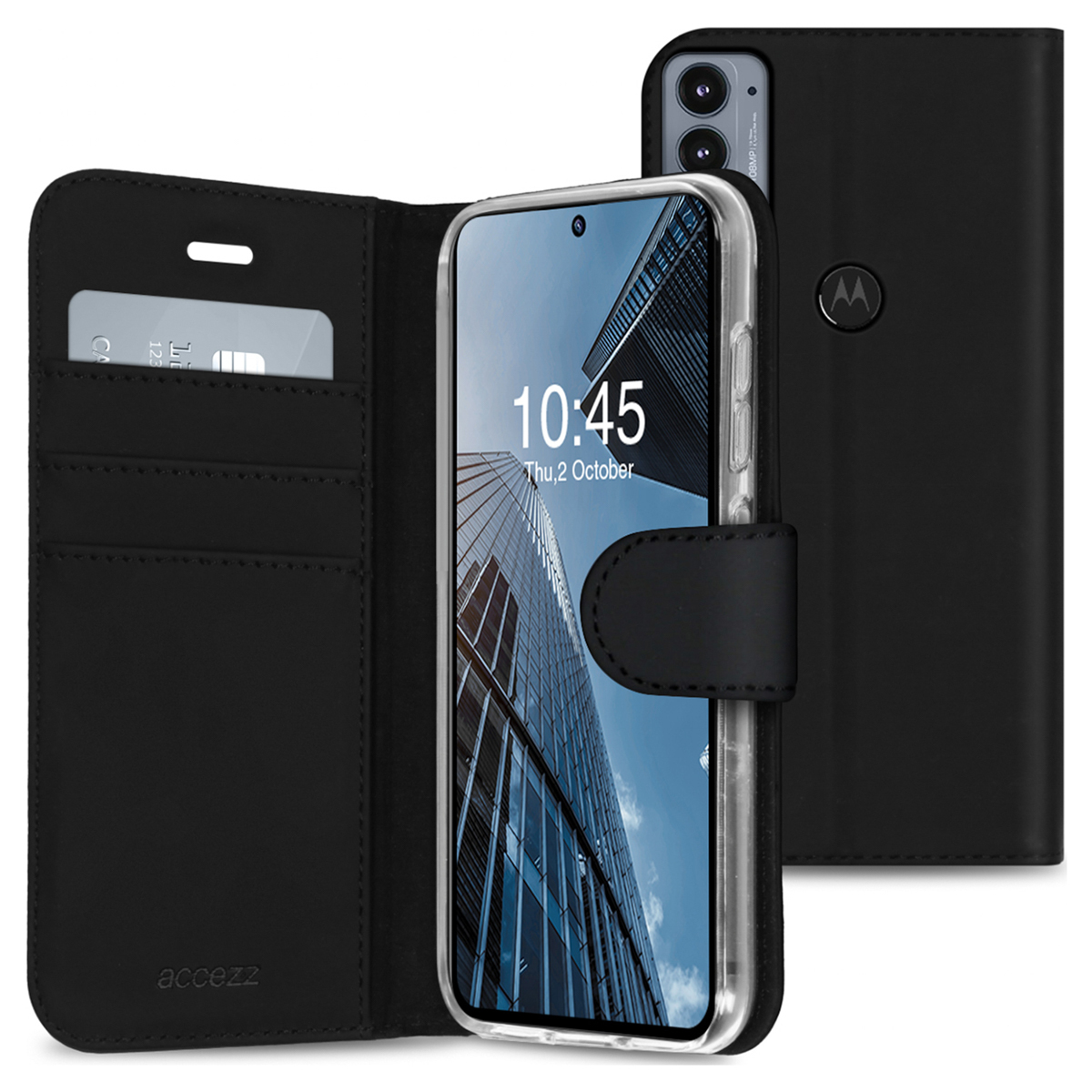 Custodia per telefono nera con un telefono che mostra l'immagine di un edificio e l'ora. La custodia è aperta, mostrando fessure per carte. L'ora è 10:45.