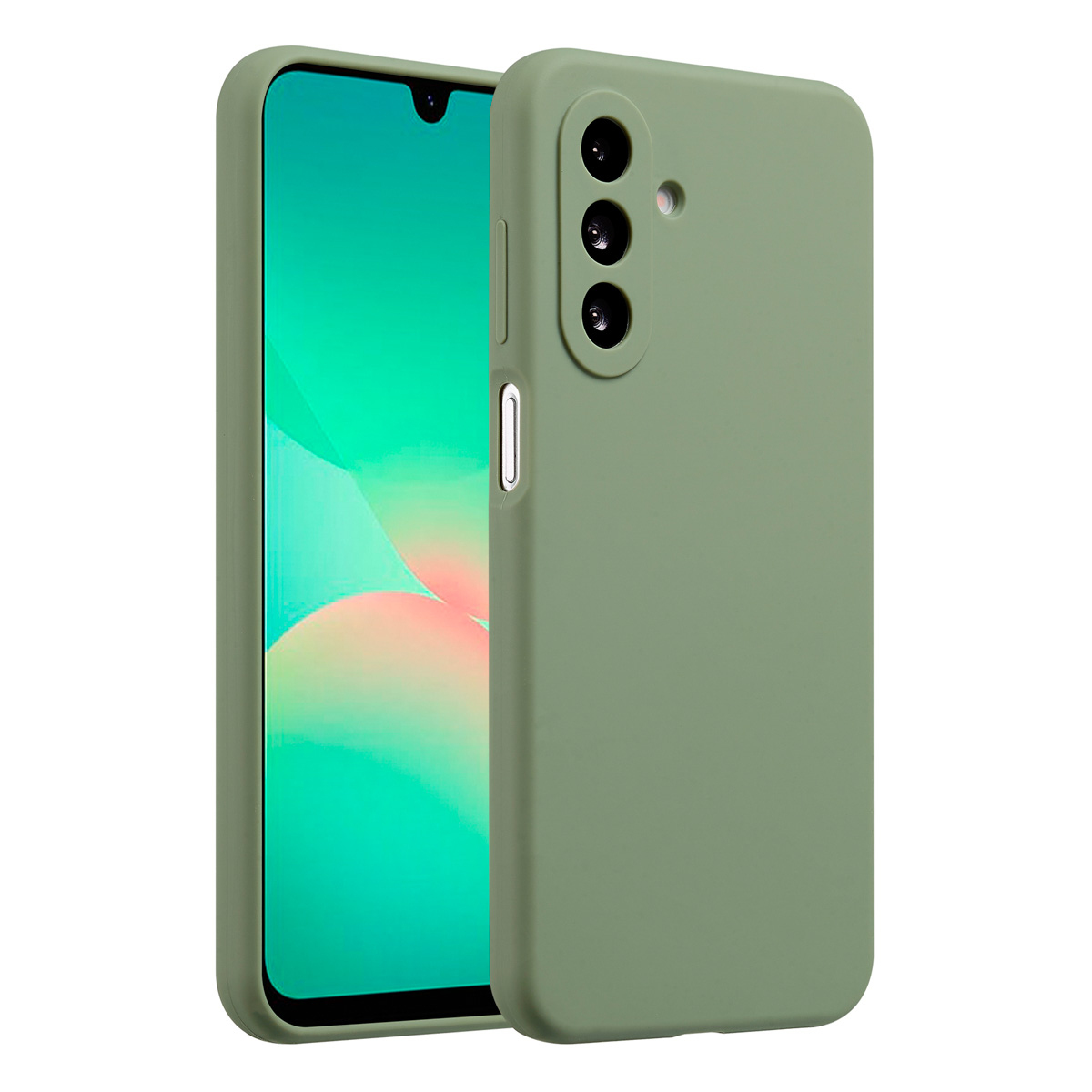 Een groene telefoonhoes en een telefoon. Het telefoonscherm staat aan. De hoes heeft drie cameralenzen.