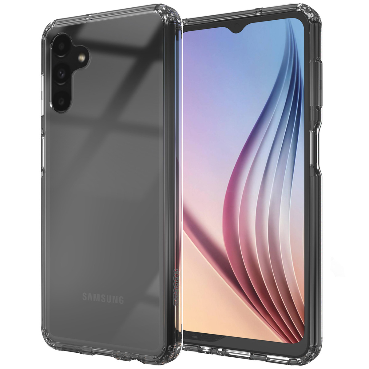 Une coque de téléphone transparente à côté d'un smartphone avec un écran coloré. La coque est transparente et montre le logo Samsung.