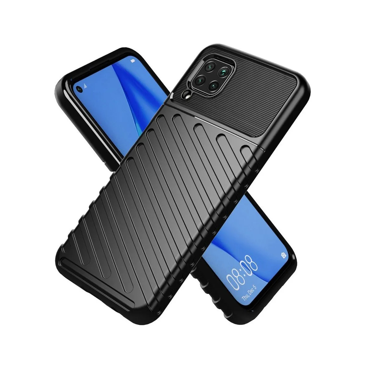 Dos fundas negras para teléfono con teléfonos dentro, una cubre a la otra. Los teléfonos muestran pantallas azules y la hora.