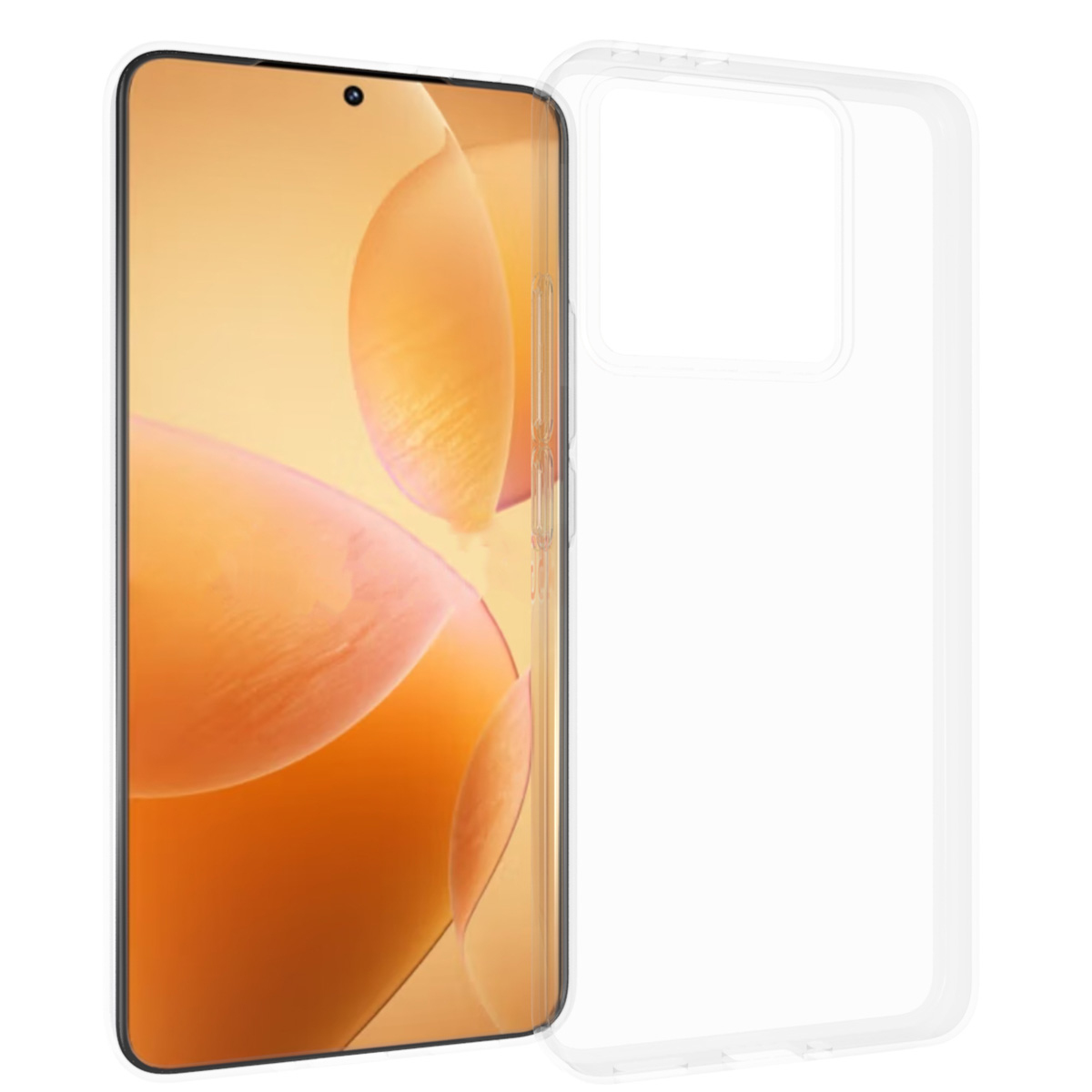 Un smartphone dans une coque transparente. L'écran affiche des formes abstraites oranges et roses.