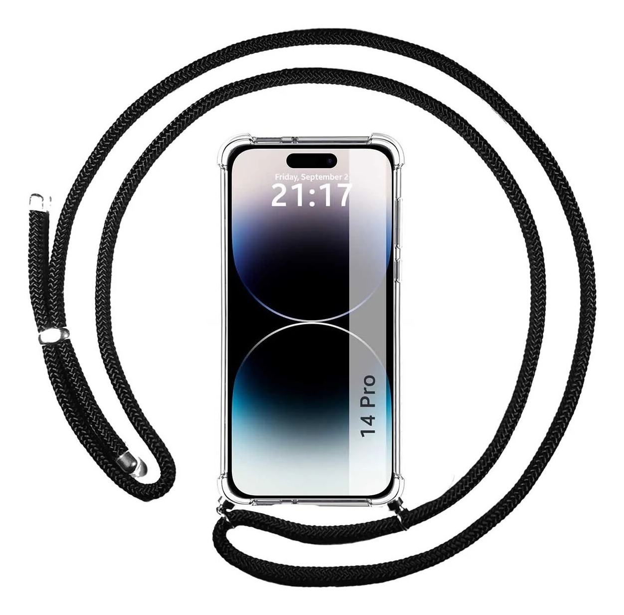 Un iPhone 14 Pro trasparente in una custodia con un cordino nero. Lo schermo mostra la data e l'ora. Lo sfondo è bianco.