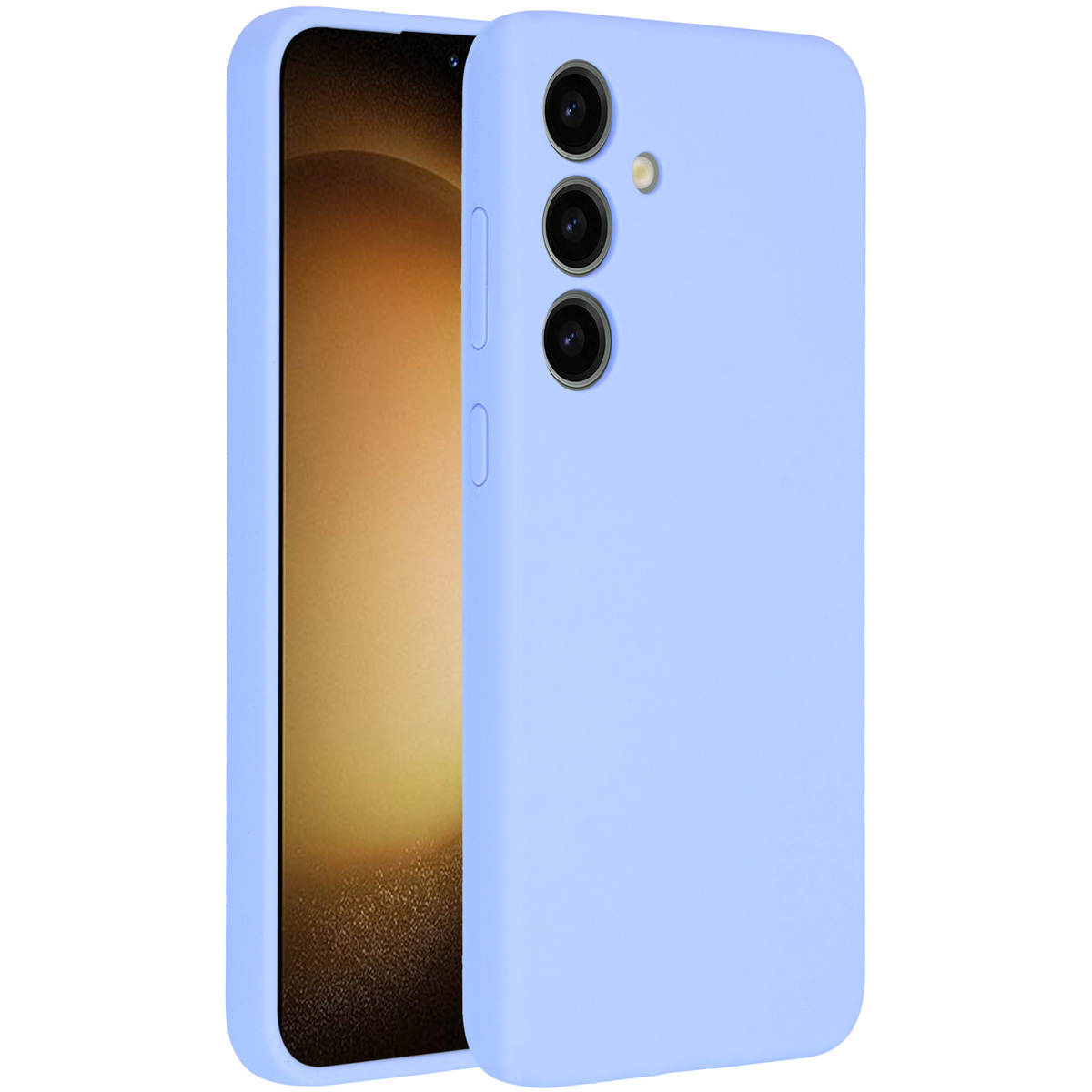 Une coque de téléphone bleu clair avec trois objectifs. L'écran du téléphone est visible, affichant une couleur dorée. La coque est sur fond blanc.