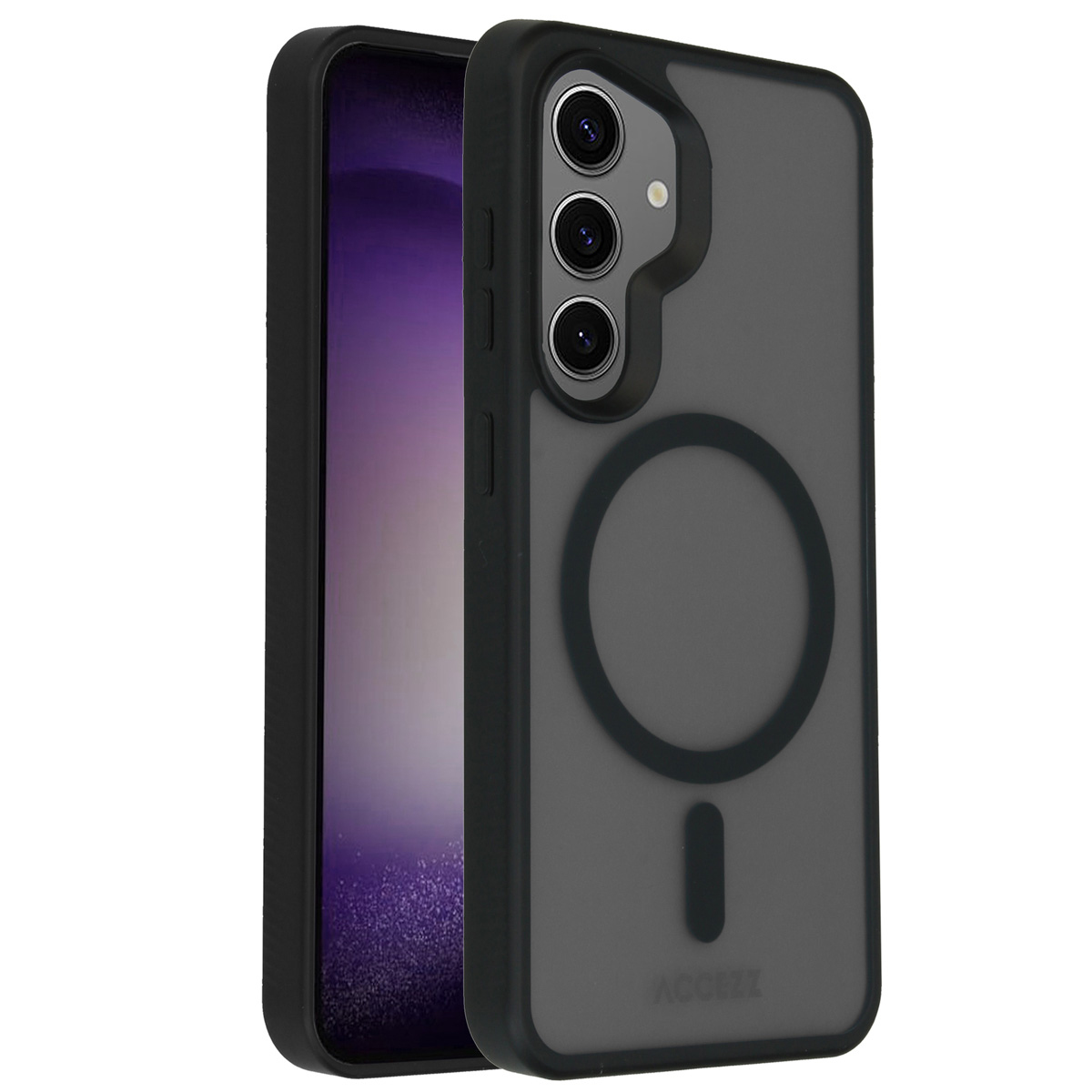 Eine schwarze Handyhülle mit einem Telefon darin. Die Hülle hat einen Magnetring und das Wort ACCEZZ. Der Telefonbildschirm ist sichtbar.