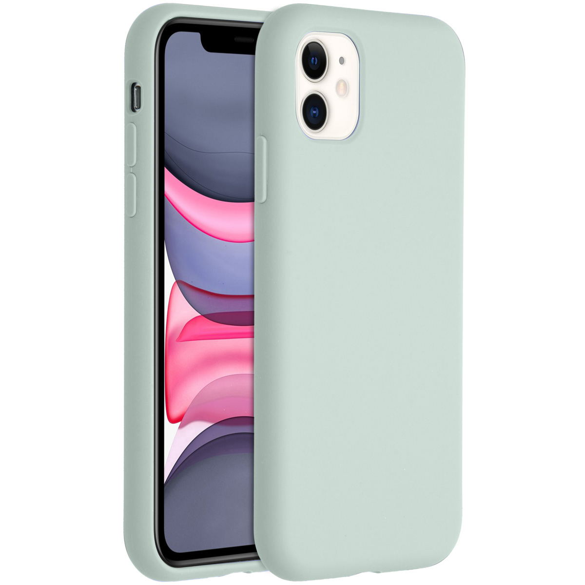 Un étui de téléphone vert menthe avec un téléphone à l'intérieur. Le téléphone a un écran noir et un fond d'écran coloré.