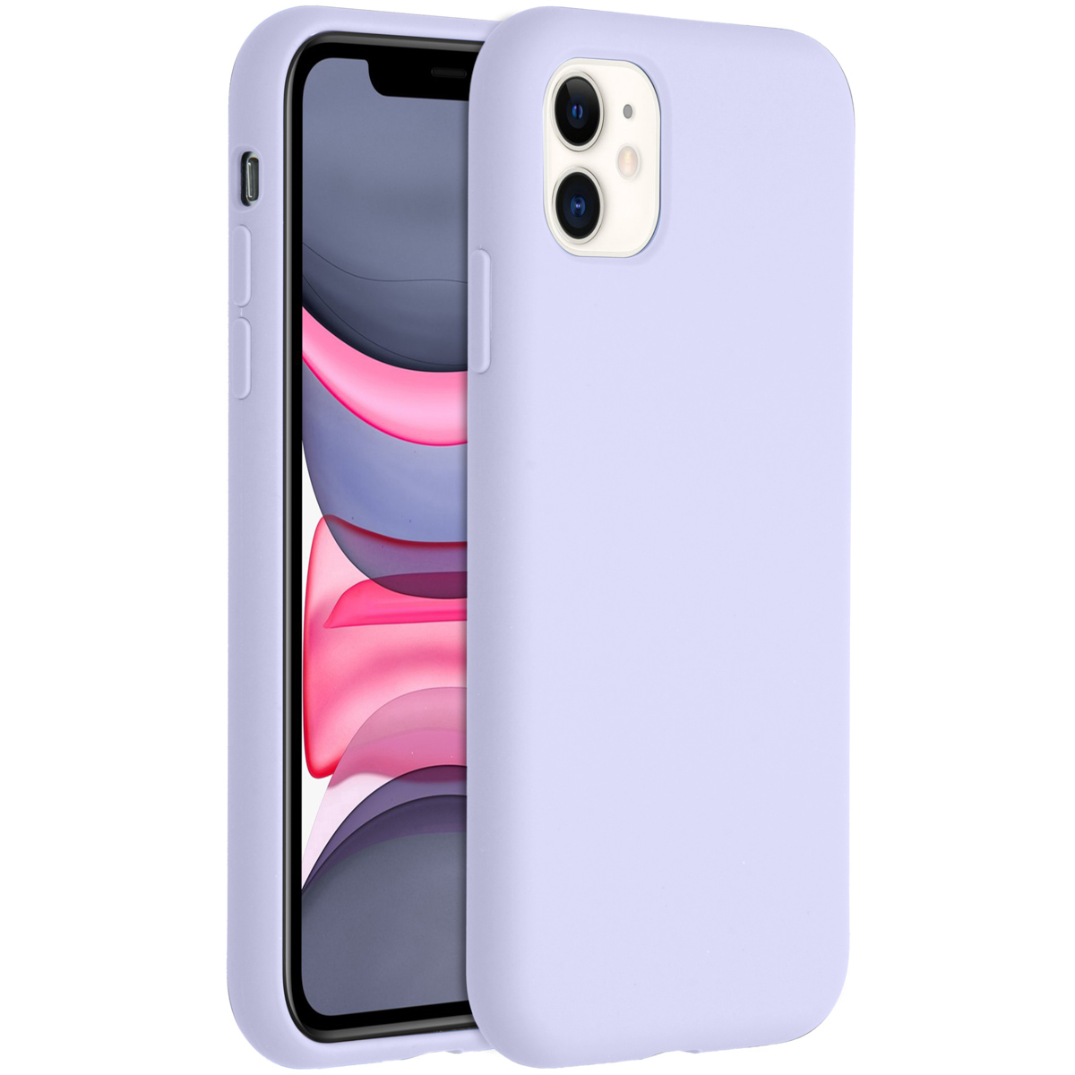 Een iPhone 11 met een lavendelkleurige hoes. De telefoon is voornamelijk zwart, met roze en paarse gradiënten op het scherm.
