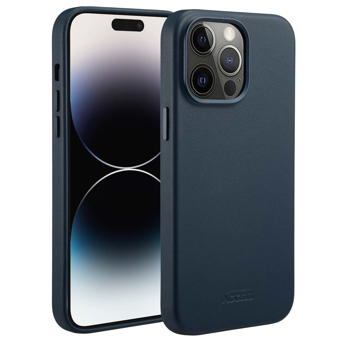 Een donkerblauwe iPhone in een bijpassende hoes. Het scherm is zichtbaar, de hoes heeft de merknaam onderaan.