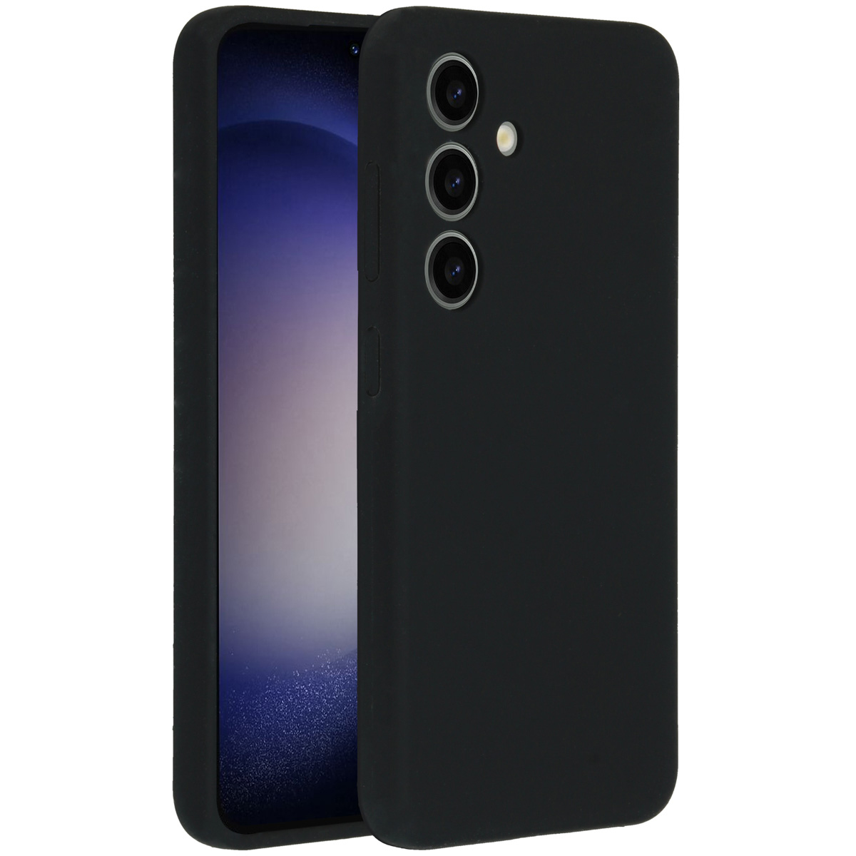 Custodia nera per telefono con un telefono all'interno. La custodia ha tre obiettivi e un flash. Lo schermo del telefono è visibile.