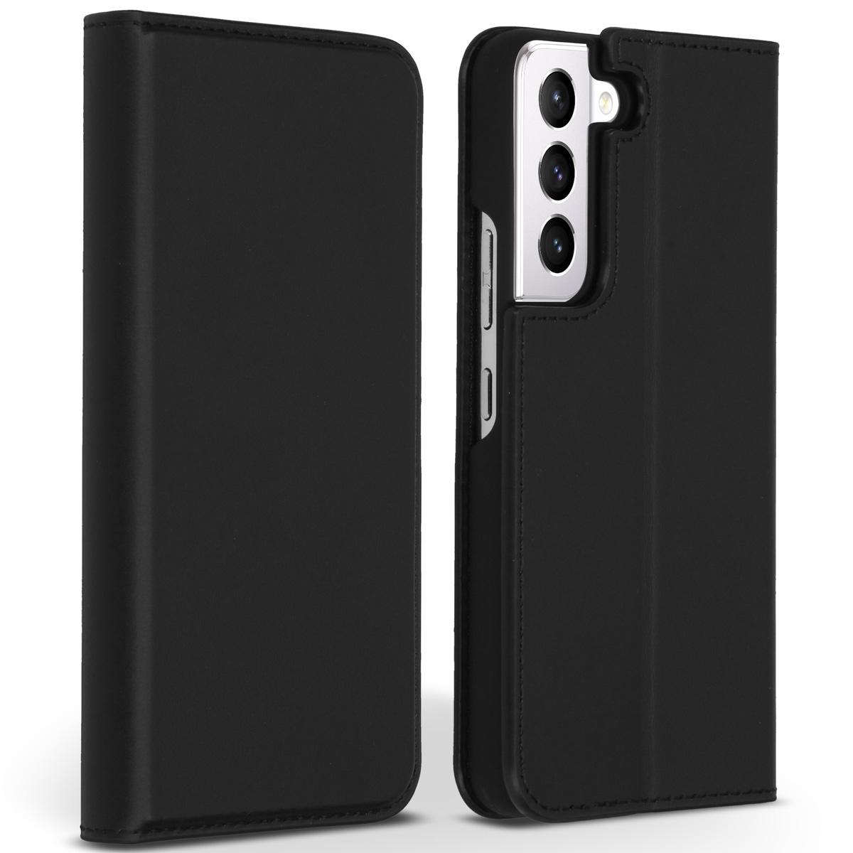 Étui de téléphone noir ouvert vers la droite. Le téléphone est visible et possède trois caméras. L'étui est en cuir.