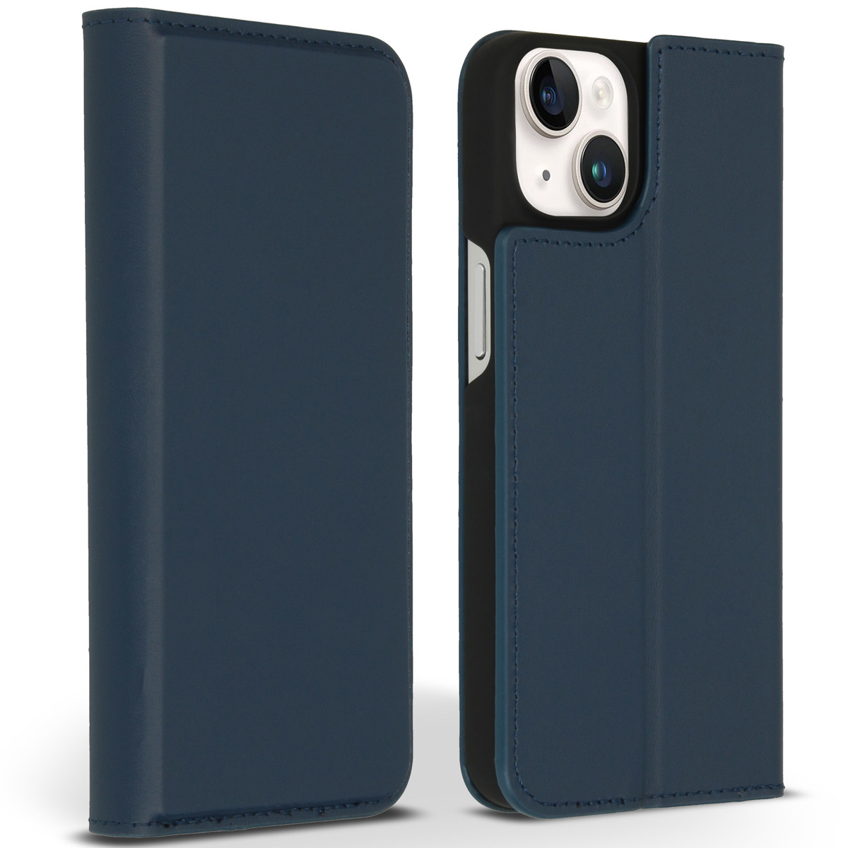 Una custodia per telefono blu scuro aperta accanto a una chiusa. La custodia aperta rivela un telefono con una configurazione a doppia fotocamera.