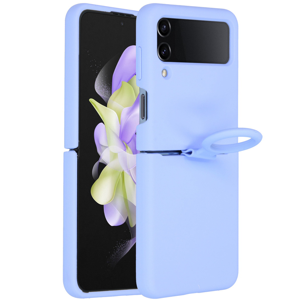 Eine hellblaue Handyhülle mit Schlaufe ist geöffnet und zeigt ein Handy mit Blumendesign. Die Hülle hat zwei Kameras.