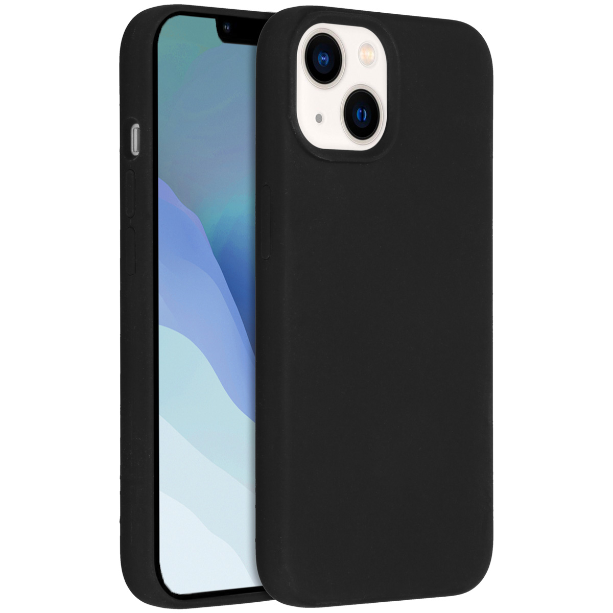 Een zwarte iPhone 13 in een zwarte hoes, gedeeltelijk zichtbaar. Het scherm toont een blauw-witte abstracte afbeelding.