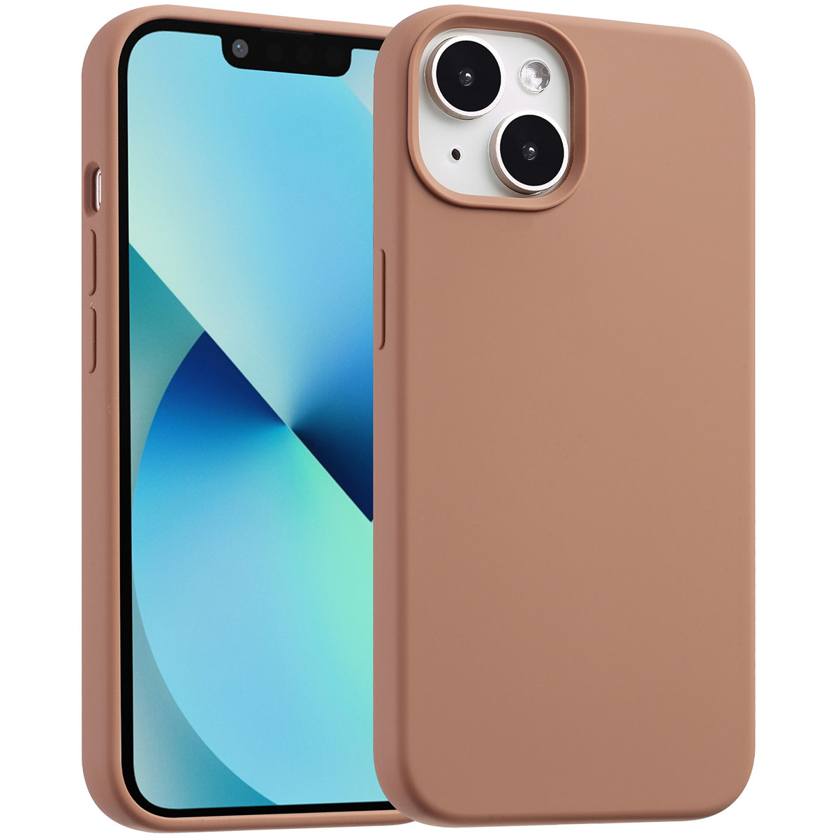 Een iPhone 13 in een bruine hoes. Het scherm toont een blauw en wit ontwerp. De hoes ligt naast de telefoon.