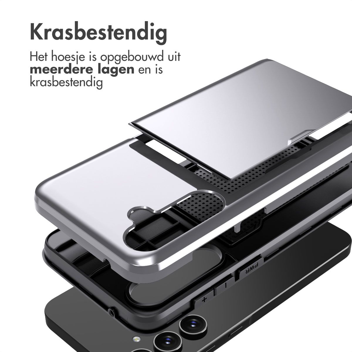 Exploded view van een telefoonhoesje. Meerdere lagen zijn zichtbaar. Zilver en zwart, met tekst in de linkerbovenhoek.