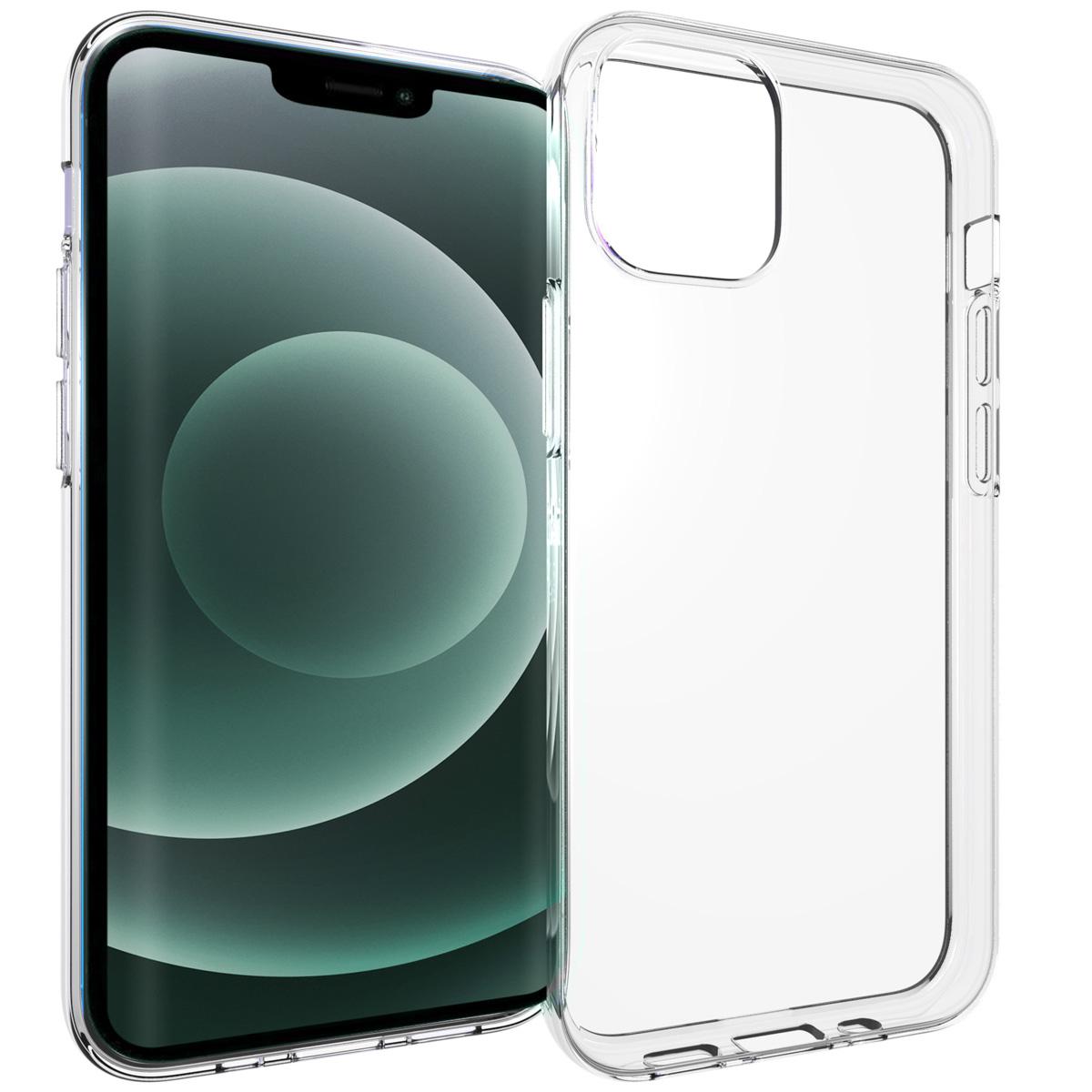 Eine durchsichtige Handyhülle neben einem Handy. Das Telefon hat einen grün-weißen Hintergrund. Die Hülle ist transparent.