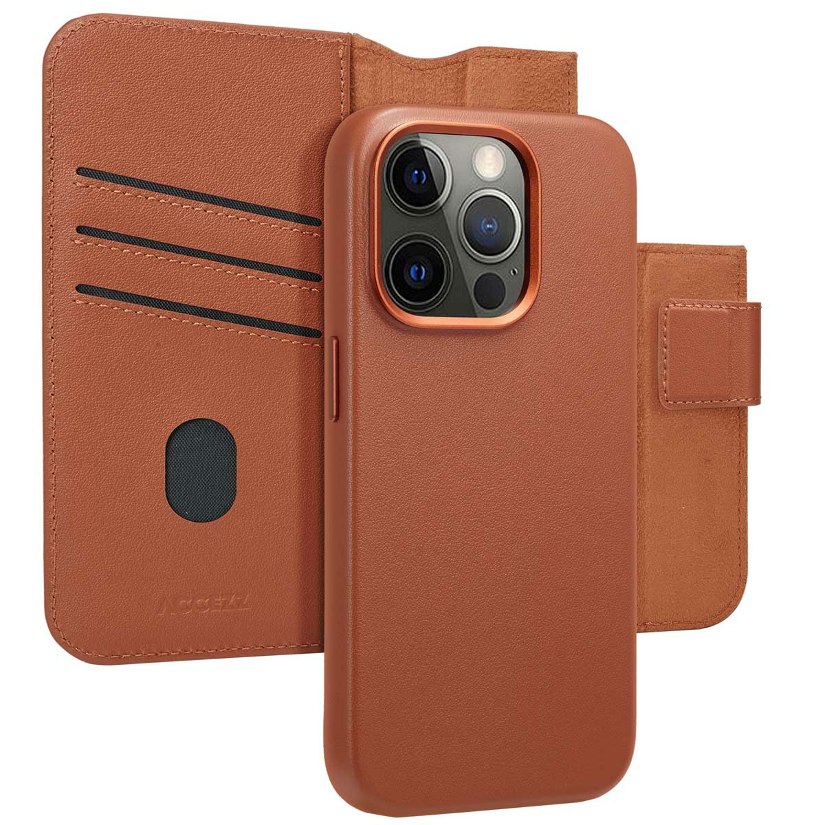 Un étui de téléphone en cuir marron avec une section portefeuille. L'étui a une découpe pour l'appareil photo et une fermeture magnétique. Le portefeuille a des fentes pour cartes.