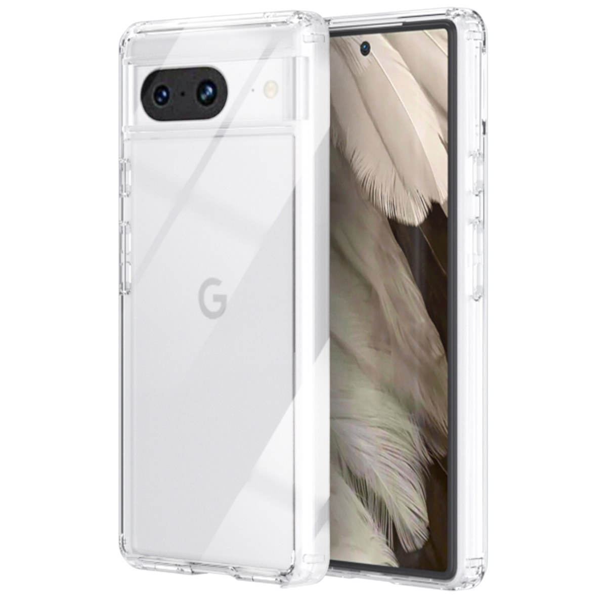 Una custodia trasparente mostra un telefono Google. Il telefono ha due fotocamere e un logo G. Sullo schermo sono visibili delle piume.
