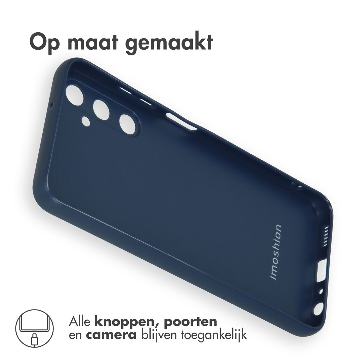 Donkerblauwe telefoonhoes op witte achtergrond. Nederlandse tekst: 'Op maat gemaakt'. Uitsparingen voor knoppen en camera.
