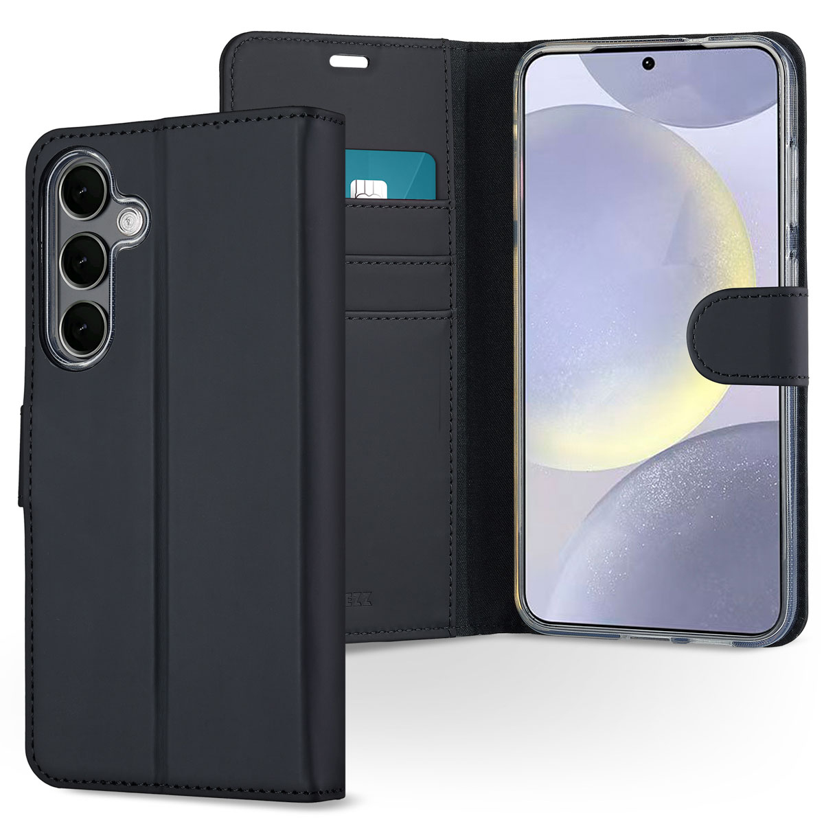 Un étui de téléphone bleu foncé ouvert, révélant un écran. Une carte de crédit est visible. Posé sur une surface blanche.