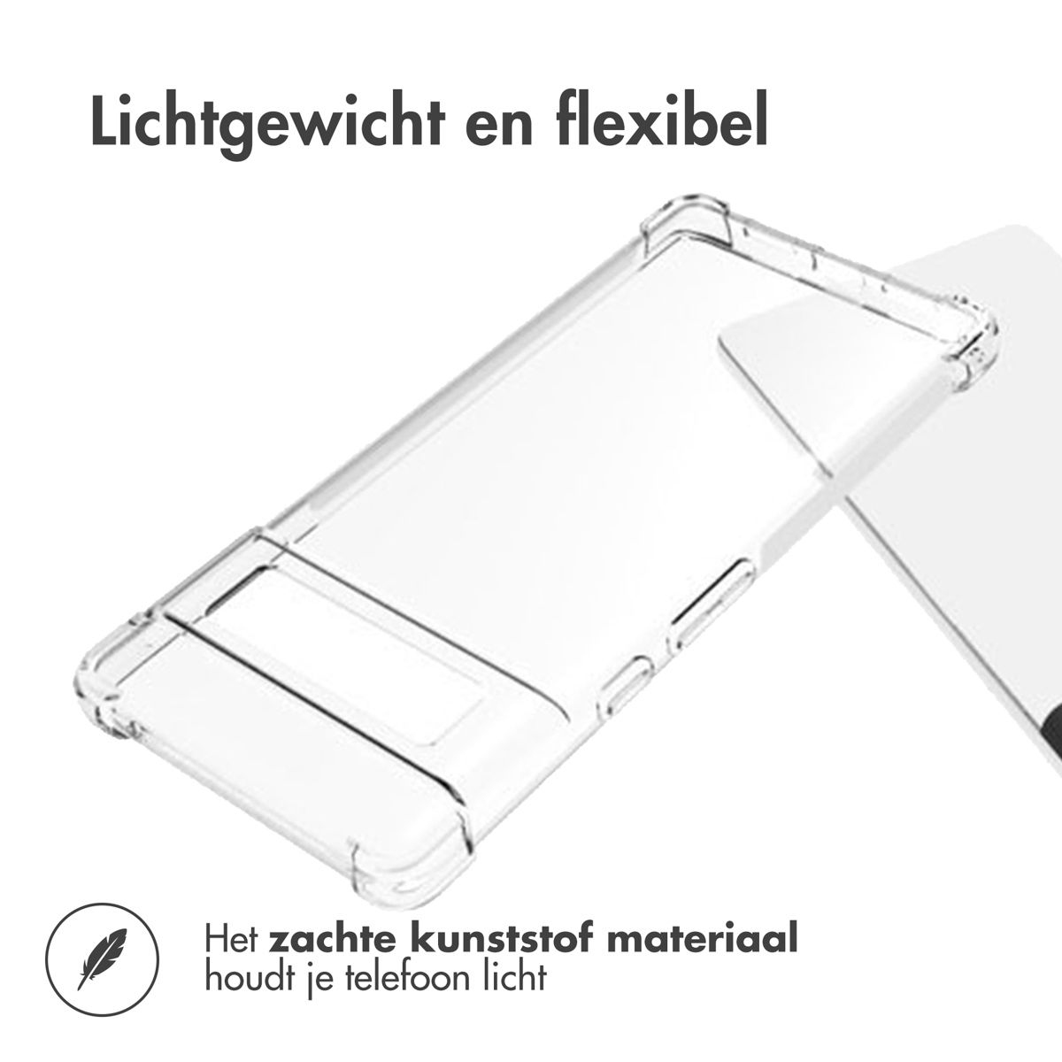 Un étui de téléphone transparent est affiché, avec le texte 'Léger et flexible'. Ci-dessous, le texte indique : 'Le matériau plastique souple garde votre téléphone léger'.