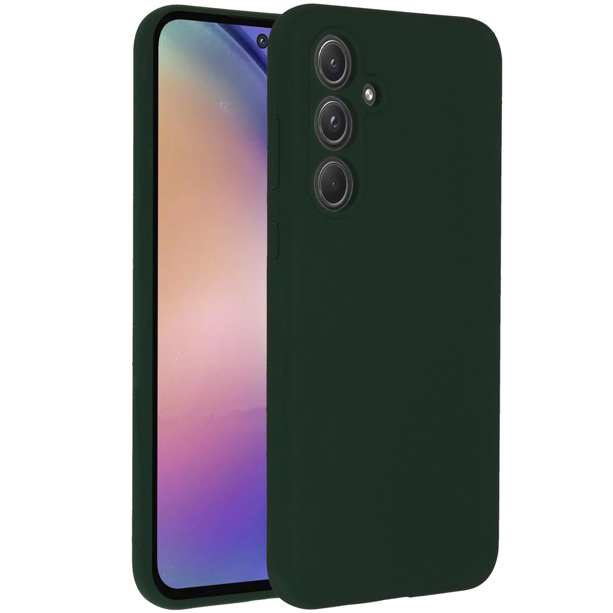 Een donkergroene telefoonhoes naast een smartphone. De telefoon toont een lichtgekleurd scherm. De hoes heeft cameragaten.