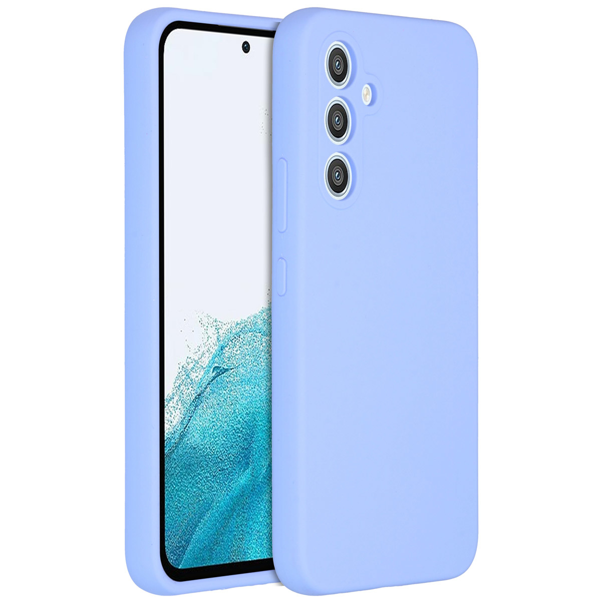 Un étui de téléphone violet clair protège un smartphone. L'étui couvre l'arrière et les côtés, avec des découpes pour la caméra et le bouton d'alimentation.