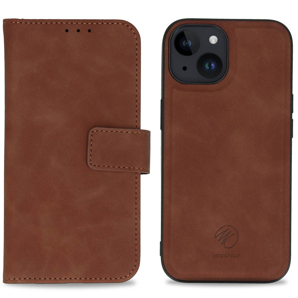 Brown leather phone case and wallet. The phone case has a camera cutout, and the wallet has a magnetic closure.