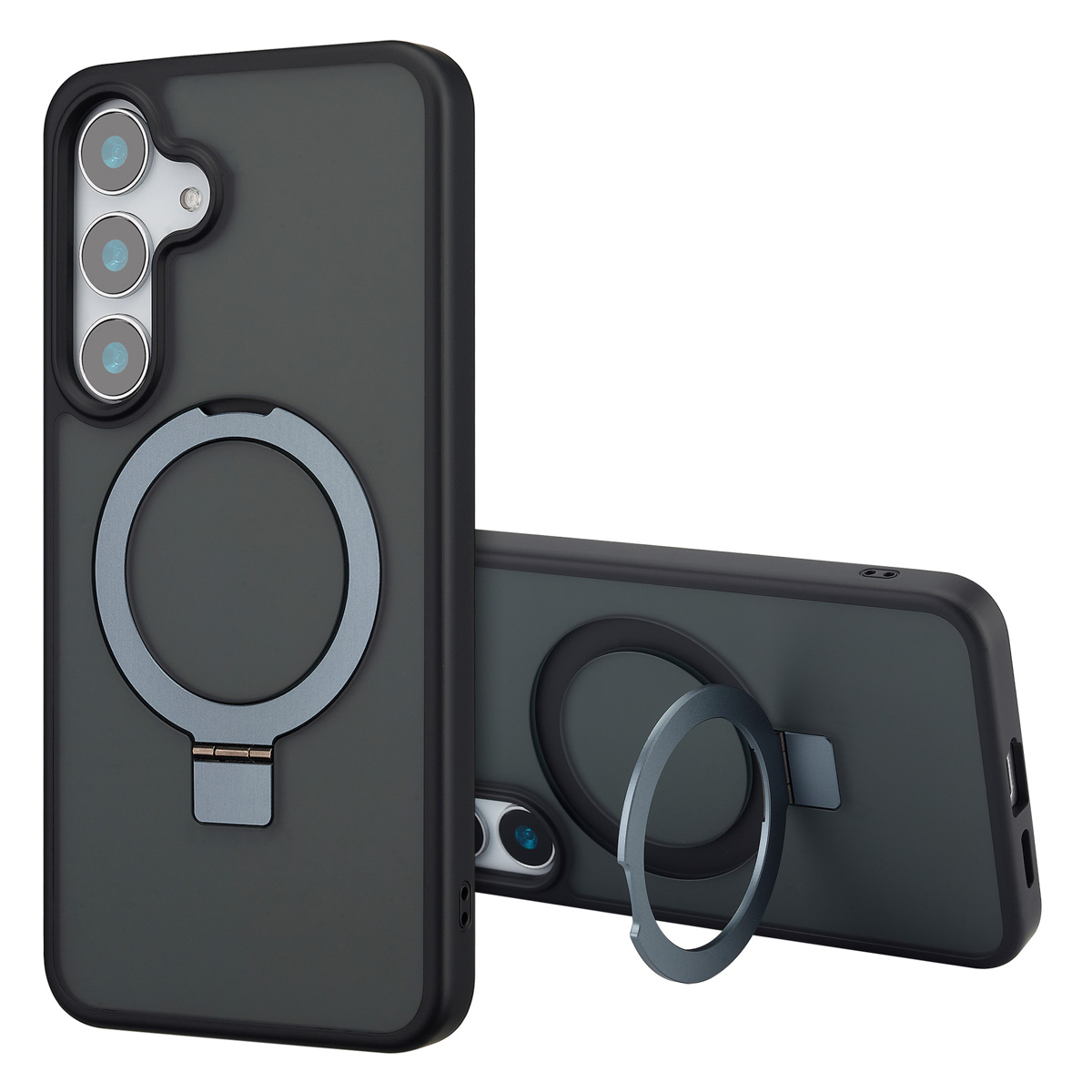 Deux étuis de téléphone gris foncé avec des supports d'anneaux magnétiques. L'un est debout, l'autre est soutenu, montrant l'anneau.