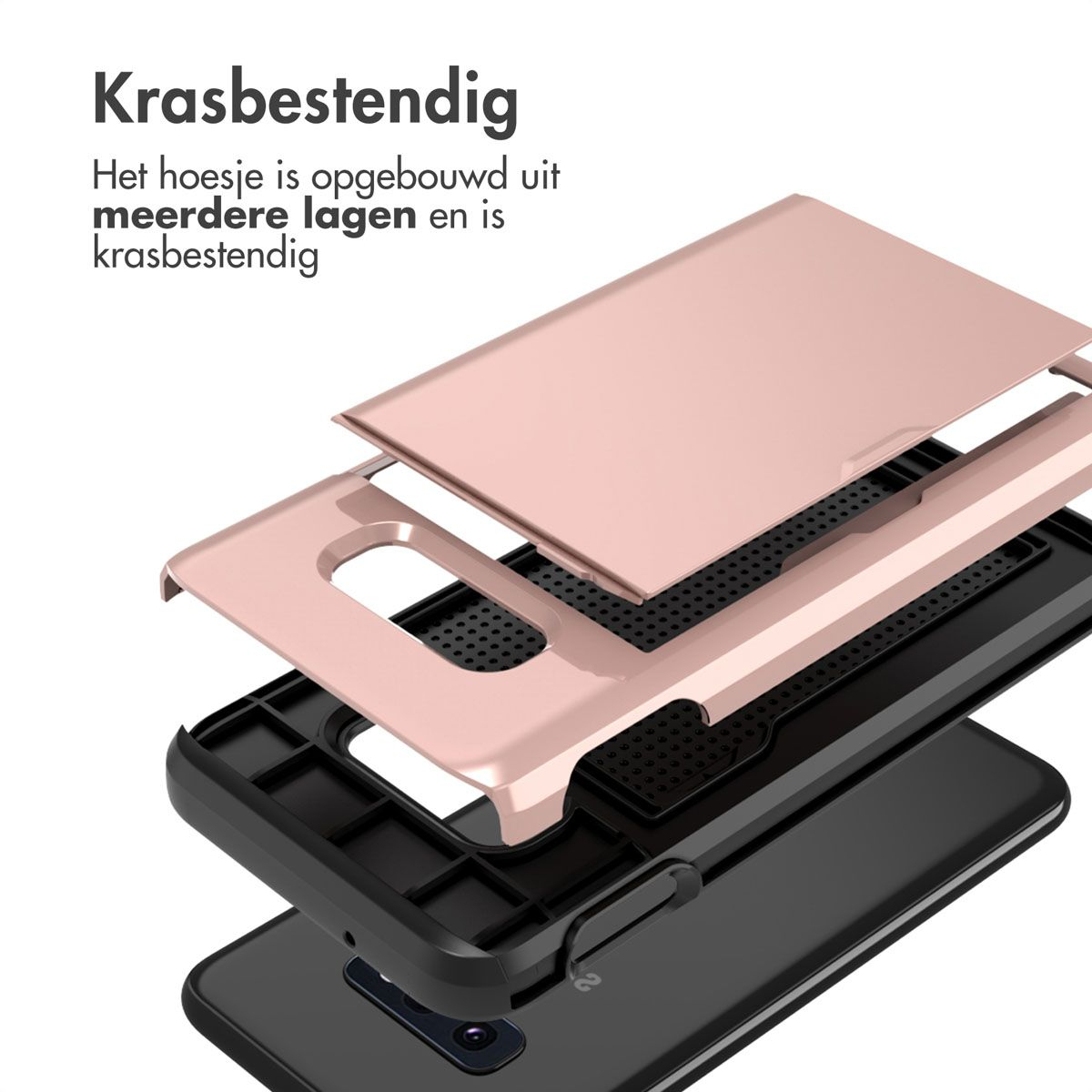 Exploded view van een telefoonhoesje. De hoes is roségoud en zwart, met beschermingslagen. De tekst luidt 'Krasbestendig'.