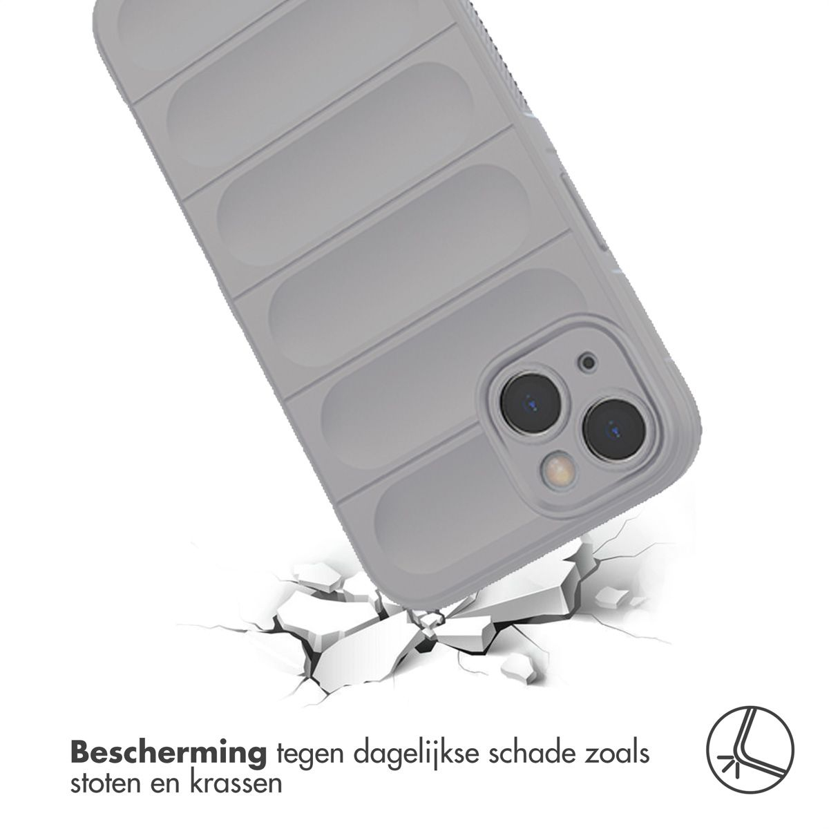 Een grijze telefoonhoes valt op een oppervlak en veroorzaakt scheuren. De hoes heeft een textuurontwerp en een uitsparing voor de camera.