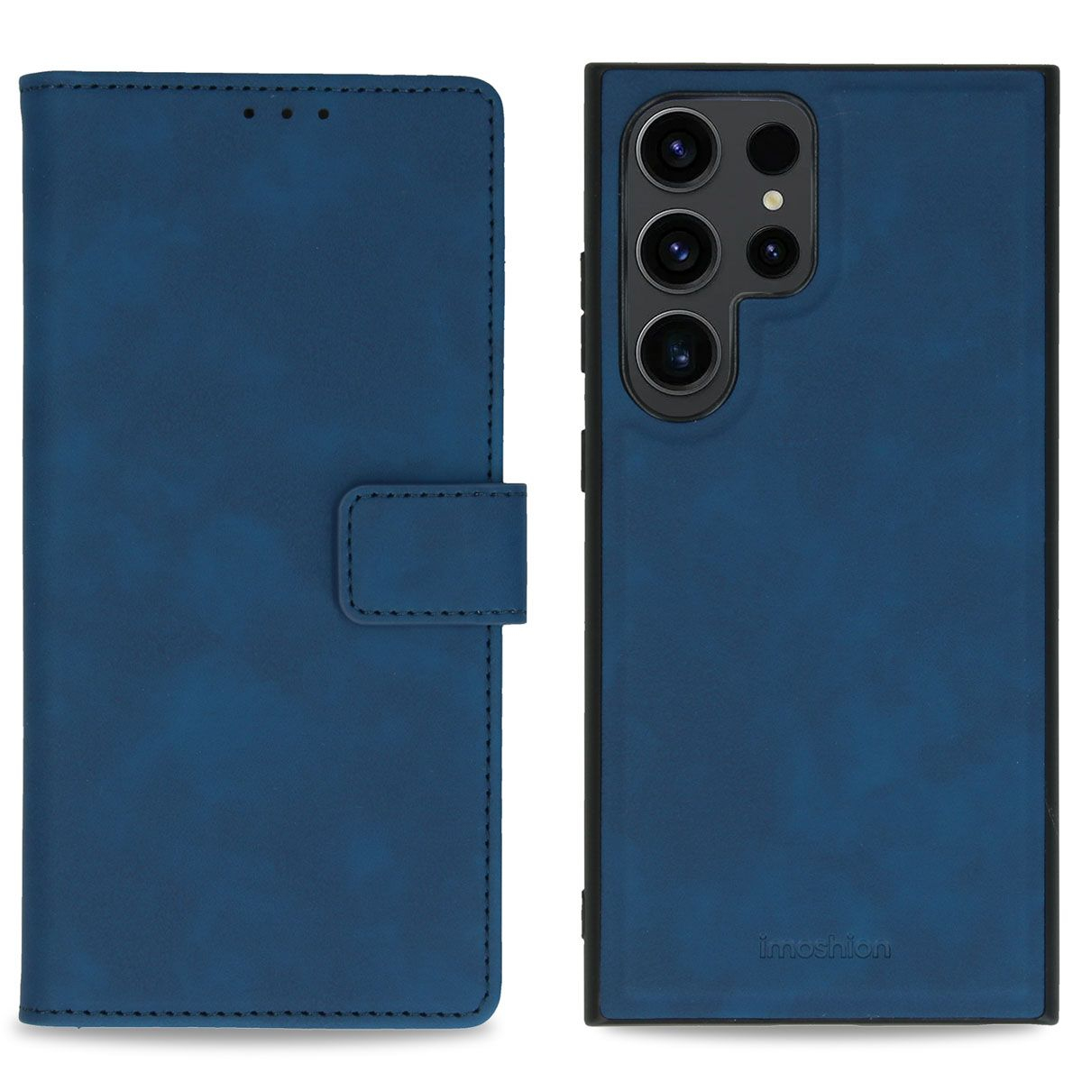 Blauwe telefoonhoes en portemonnee. De telefoonhoes heeft cameralenzen. De portemonnee heeft een sluiting en stiksels. Het merk "imoshion" is zichtbaar.