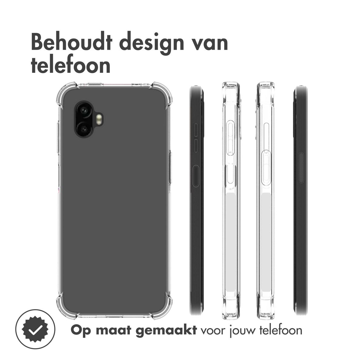 Un étui de téléphone est montré, avec un téléphone à l'intérieur. À côté du téléphone, il y a différentes vues de l'étui. Le texte dit : 'Fait pour votre téléphone'.