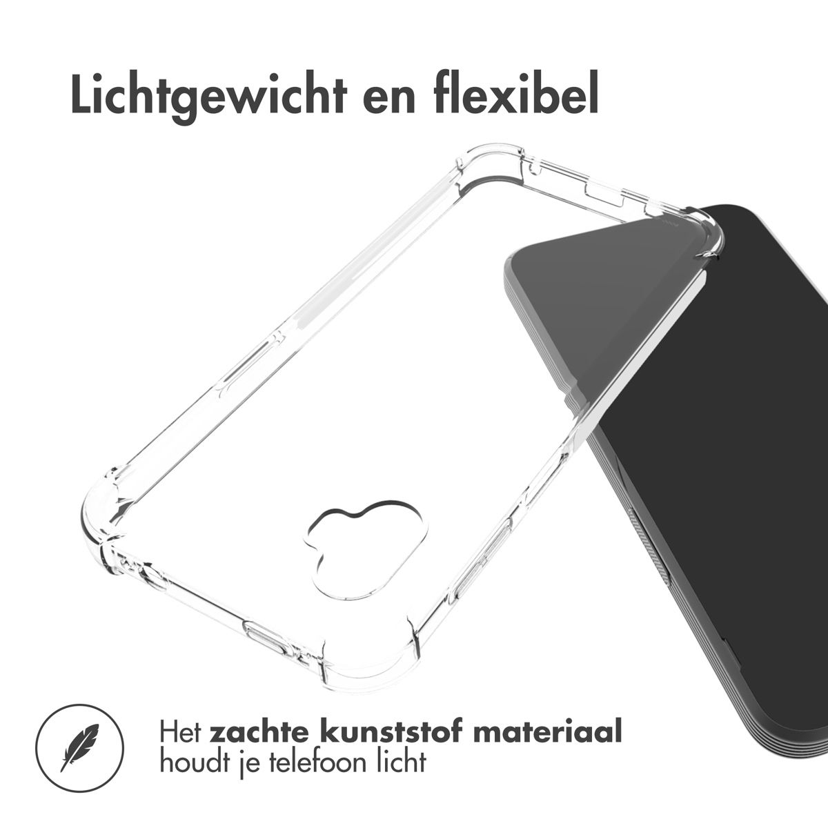 Une coque de téléphone transparente à côté d'un smartphone noir, avec le texte 'Léger et flexible'. En dessous, le texte dit 'le matériau plastique souple garde votre téléphone léger'.