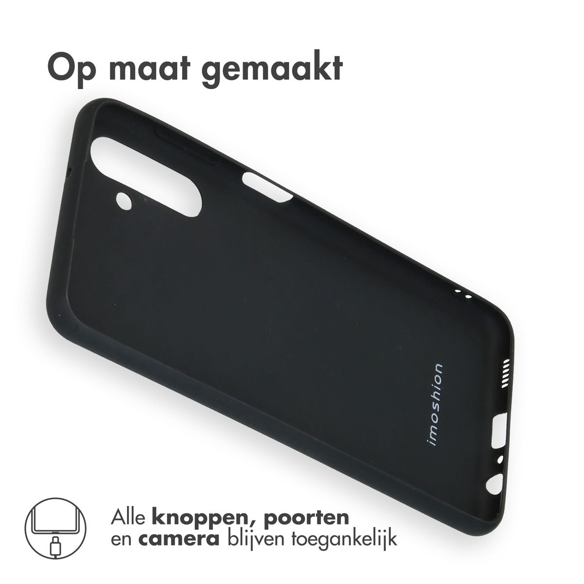 Een zwarte telefoonhoes ligt schuin op een wit oppervlak. Boven staat 'Op maat gemaakt'. Onder staat 'Alle knoppen, poorten en camera blijven toegankelijk'.