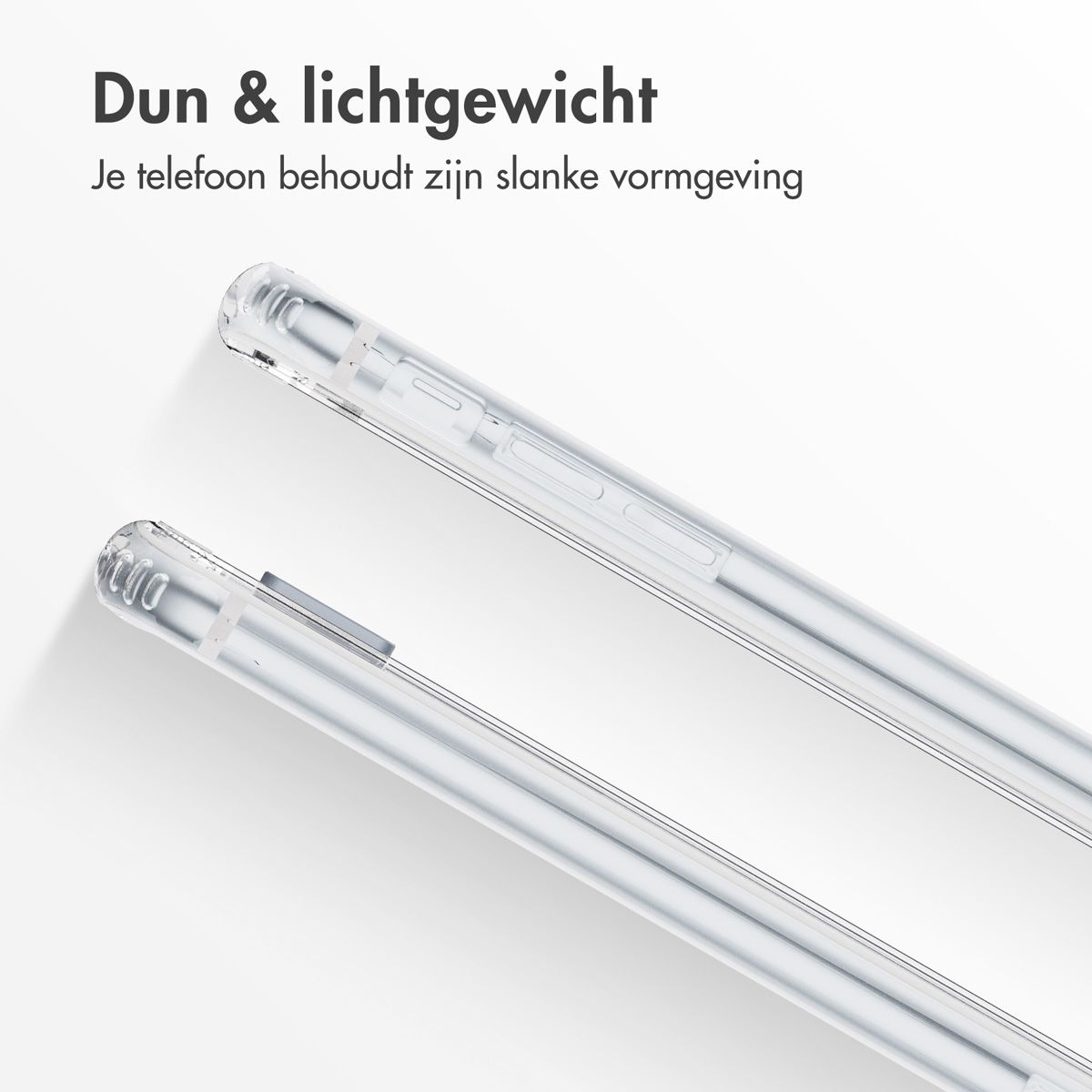 Deux coques de téléphone transparentes sont présentées. Le texte en haut dit 'Mince et léger'. Les coques semblent être sur une surface blanche.