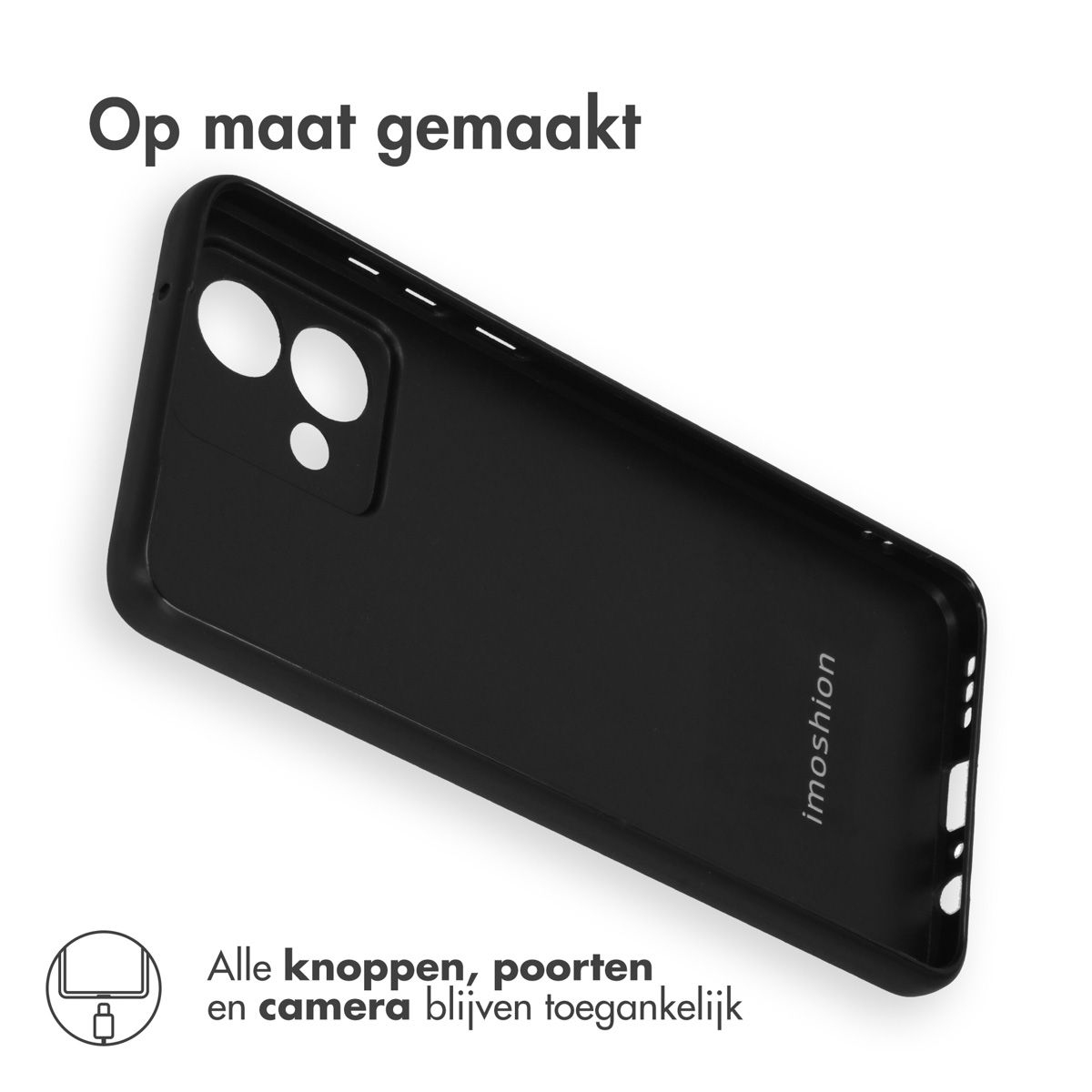 Zwarte telefoonhoes met camera- en poortuitsparingen, schuin op witte achtergrond. Tekst: 'Op maat gemaakt', 'imoshion', en 'Alle knoppen...'
