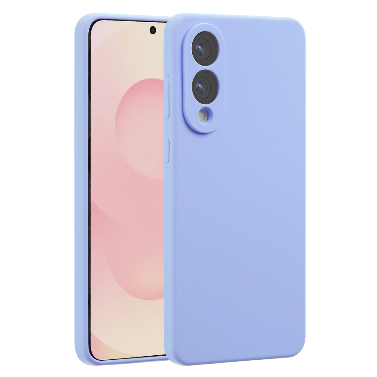 Een lichtpaarse telefoon met een bijpassend hoesje wordt weergegeven. De telefoon heeft een scherm en cameralenzen. De hoes zit rechts.