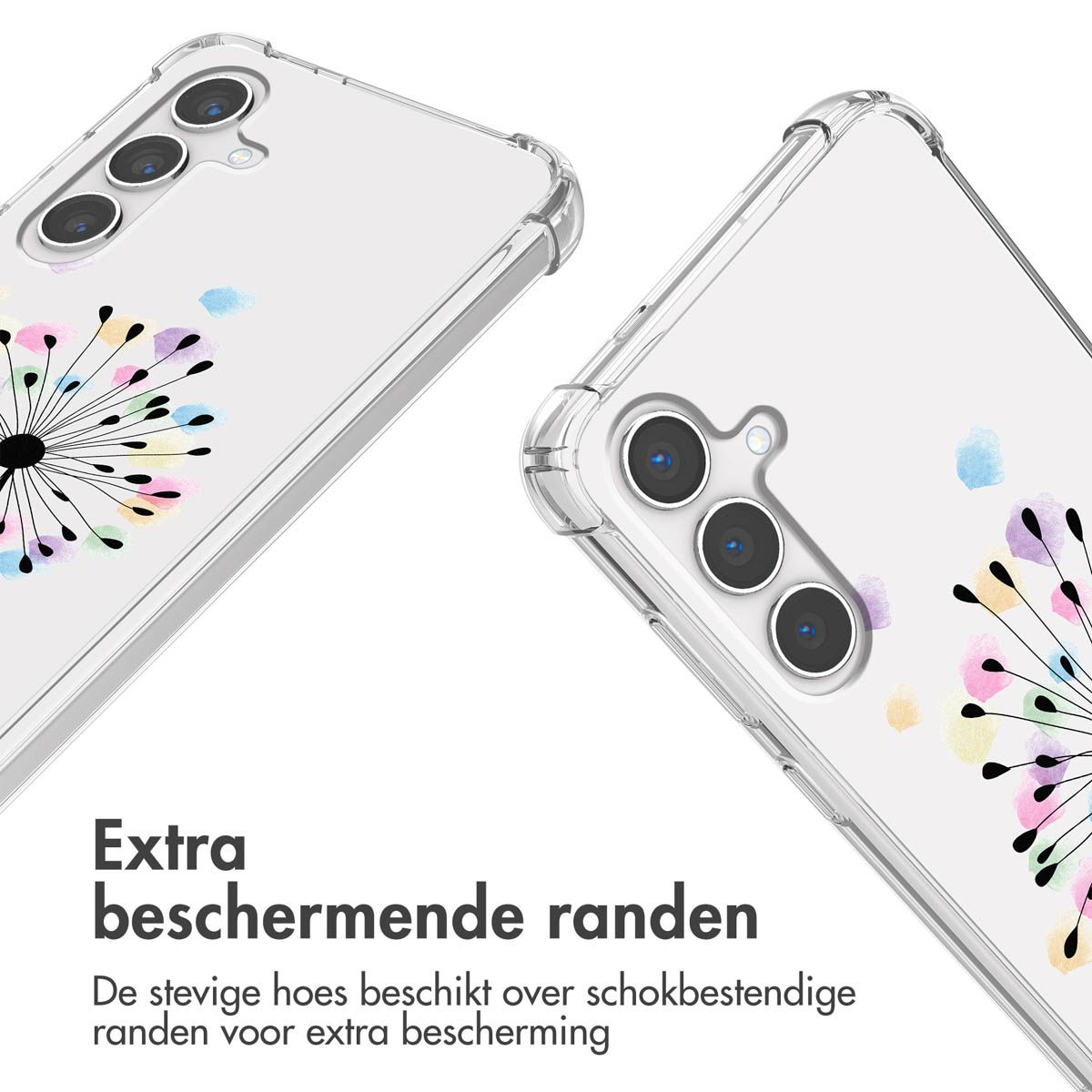 Deux coques de téléphone transparentes avec un motif de pissenlit. Le texte indique : Extra beschermende randen, bords de protection supplémentaires.