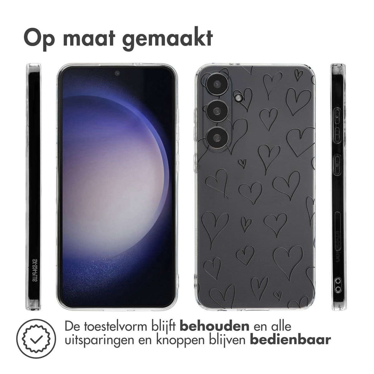 Une coque de téléphone avec un motif de cœurs. Le téléphone et les côtés sont montrés. Texte: 'Op maat gemaakt'. Texte en bas.