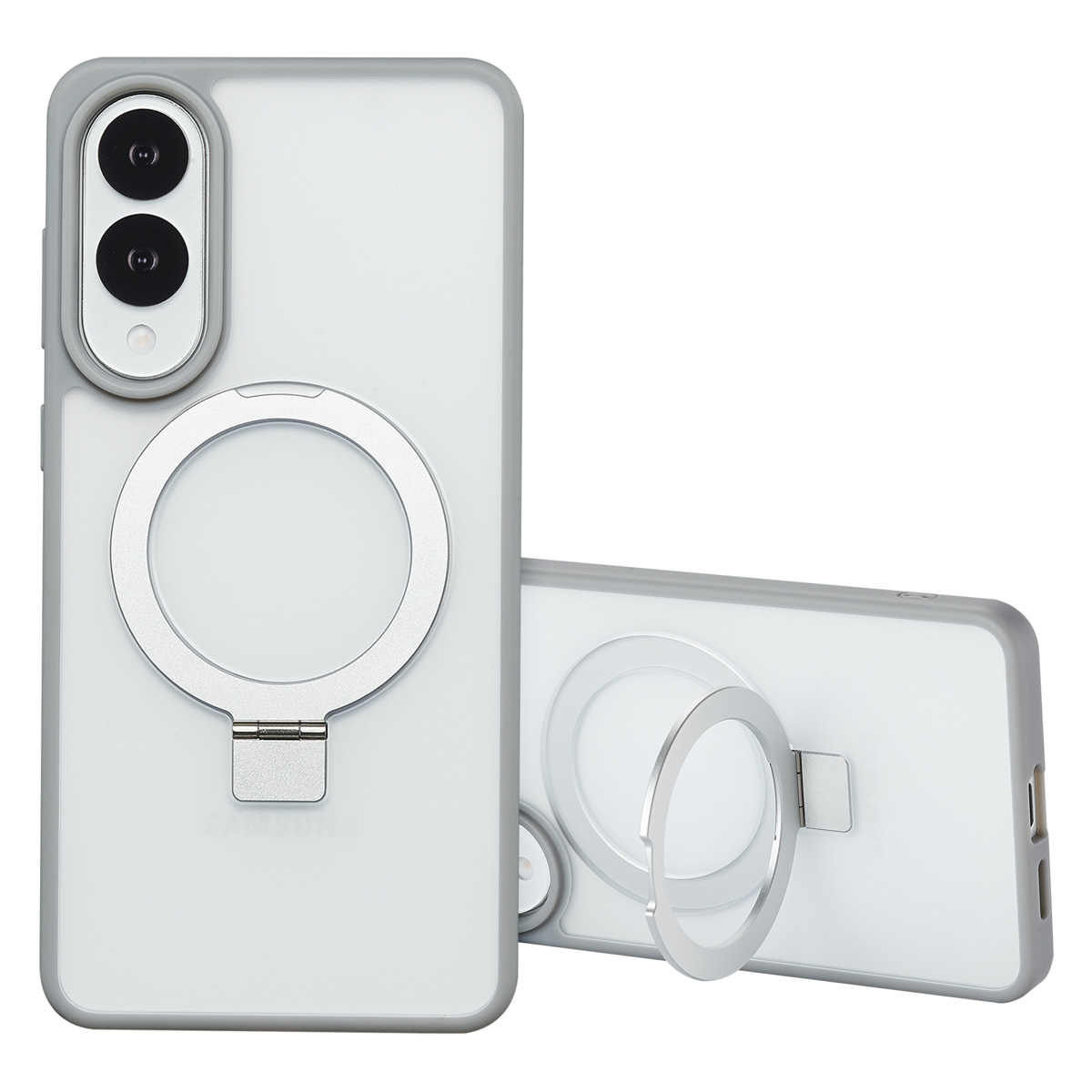 Twee transparante telefoonhoesjes met grijze randen. Eén heeft een zilveren ringstandaard. Beide hebben camera-uitsparingen, op een witte achtergrond.