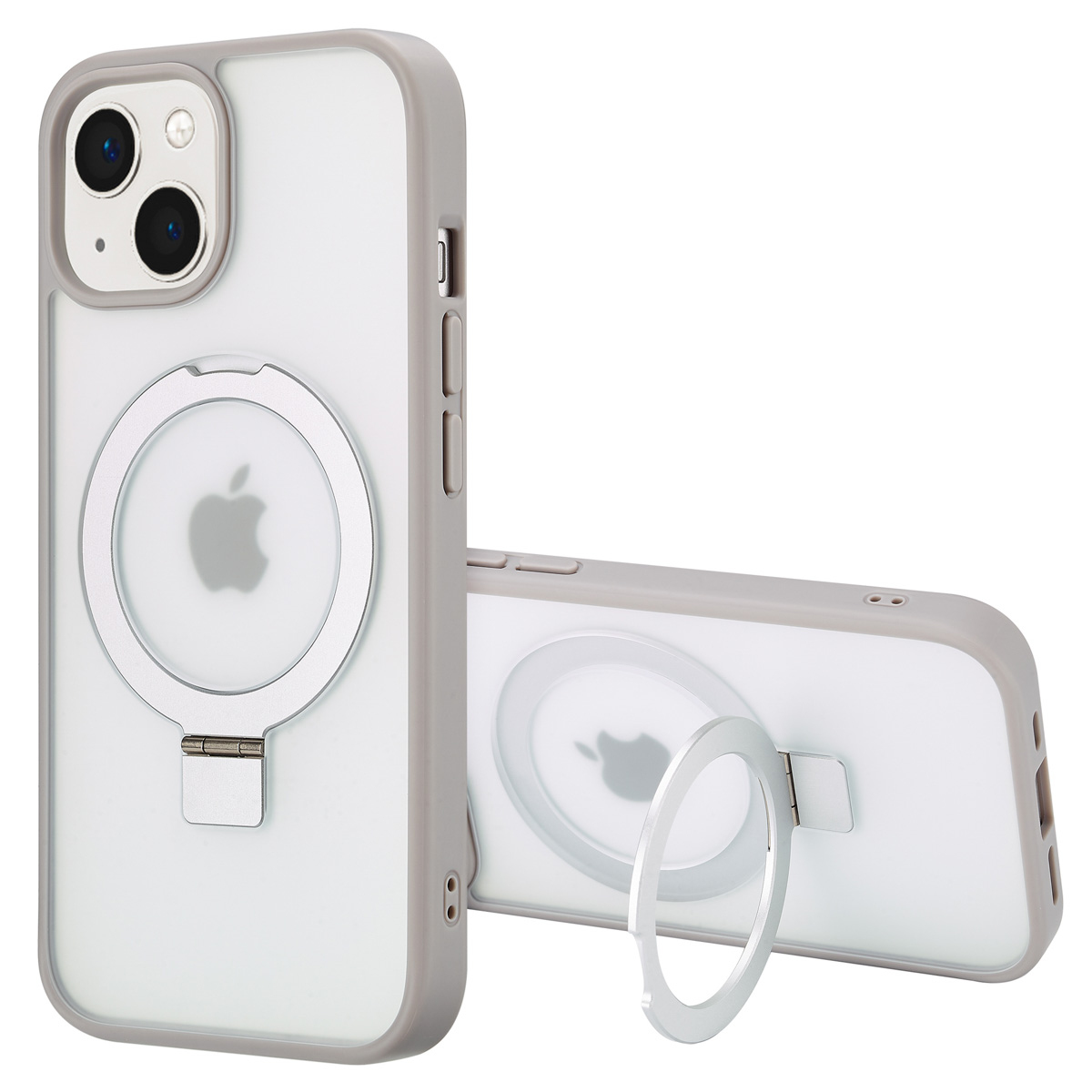 Twee iPhone-hoesjes. Eén staat, de andere ligt. Beide zijn grijs met doorzichtige achterkanten en zilveren ringen. Apple-logo zichtbaar.