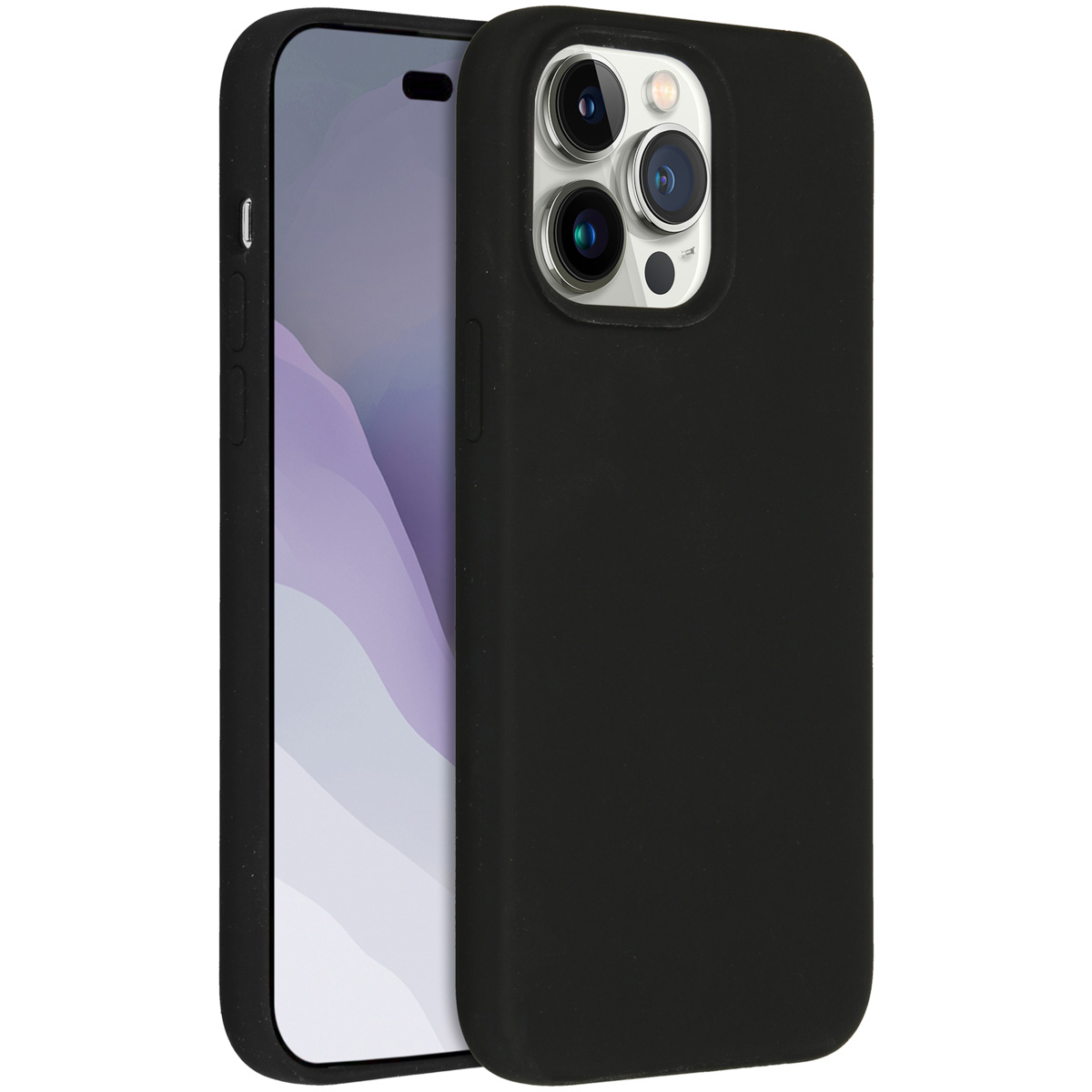 Une coque de téléphone noire à côté d'un téléphone. Le téléphone a un écran, la coque des découpes caméra.